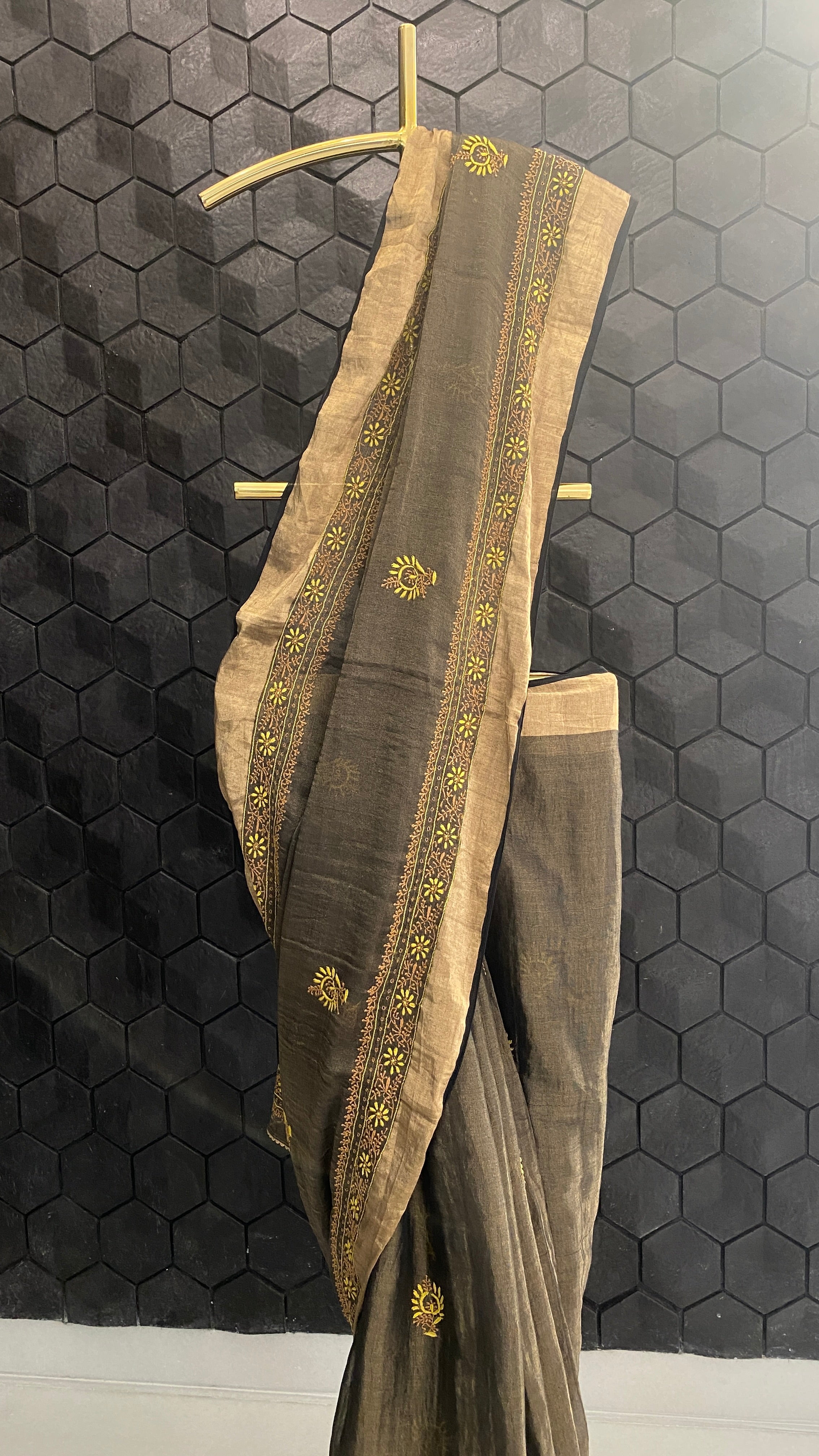 Black tissue saree with multicolour chikankari work