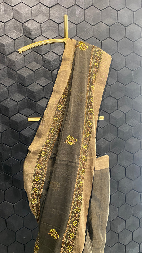 Black tissue saree with multicolour chikankari work