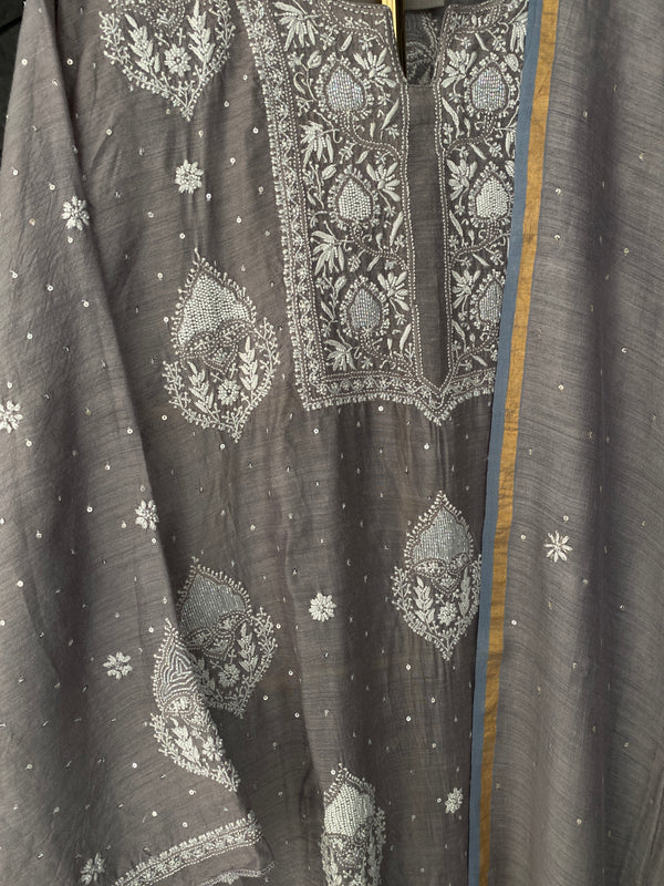 Grey chikankari munga silk suit set with dupatta