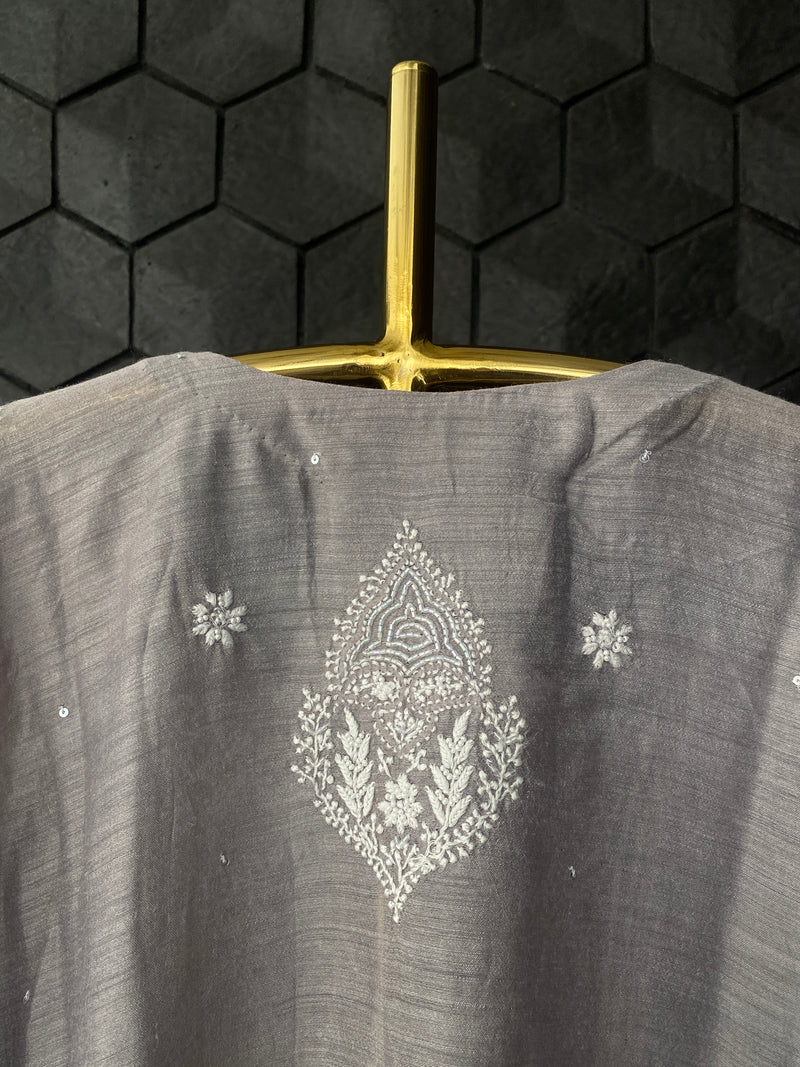 Grey chikankari munga silk suit set with dupatta