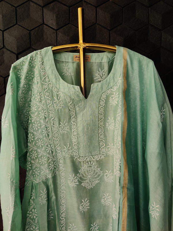 Ombre Green Chanderi Suit Set with Chikankari work and Dupatta
