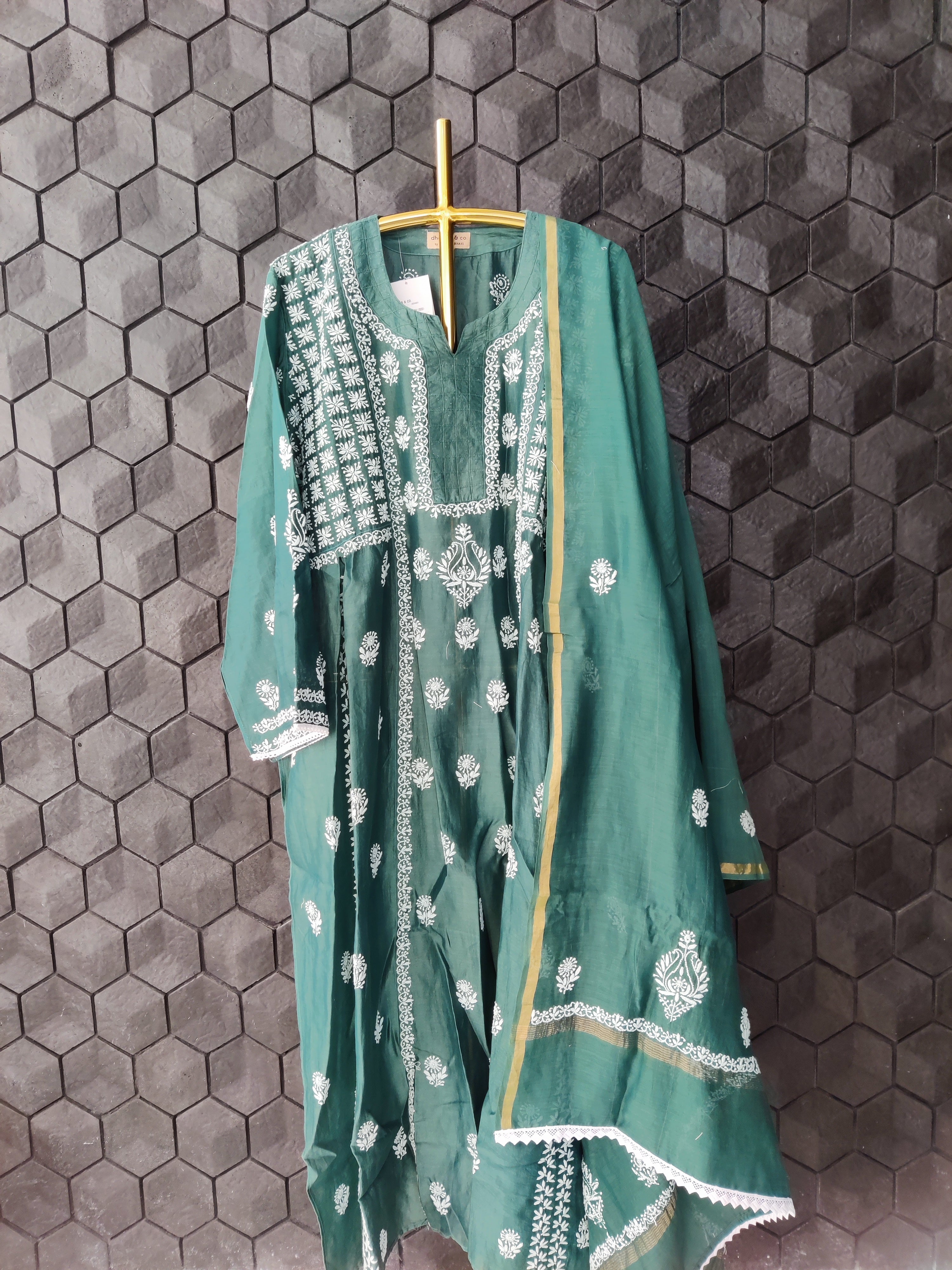 Green Chanderi Suit Set with Chikankari work and Dupatta