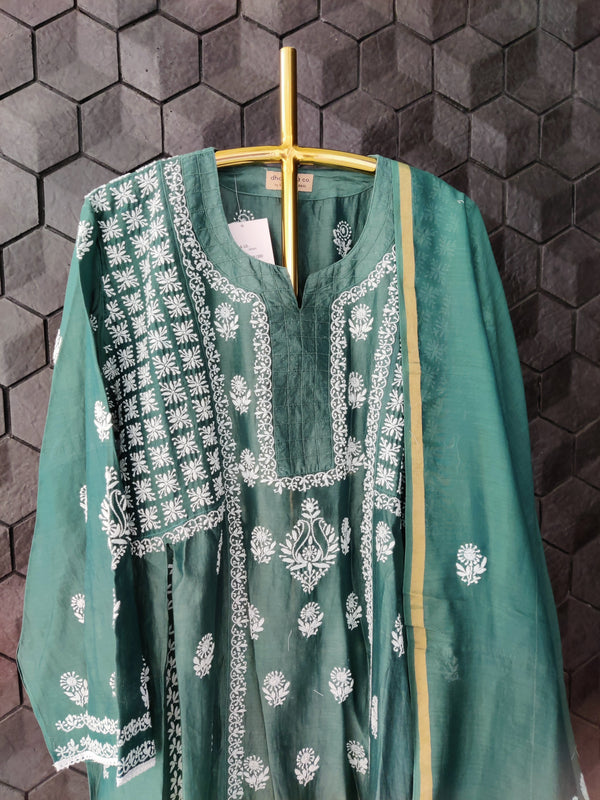 Green Chanderi Suit Set with Chikankari work and Dupatta