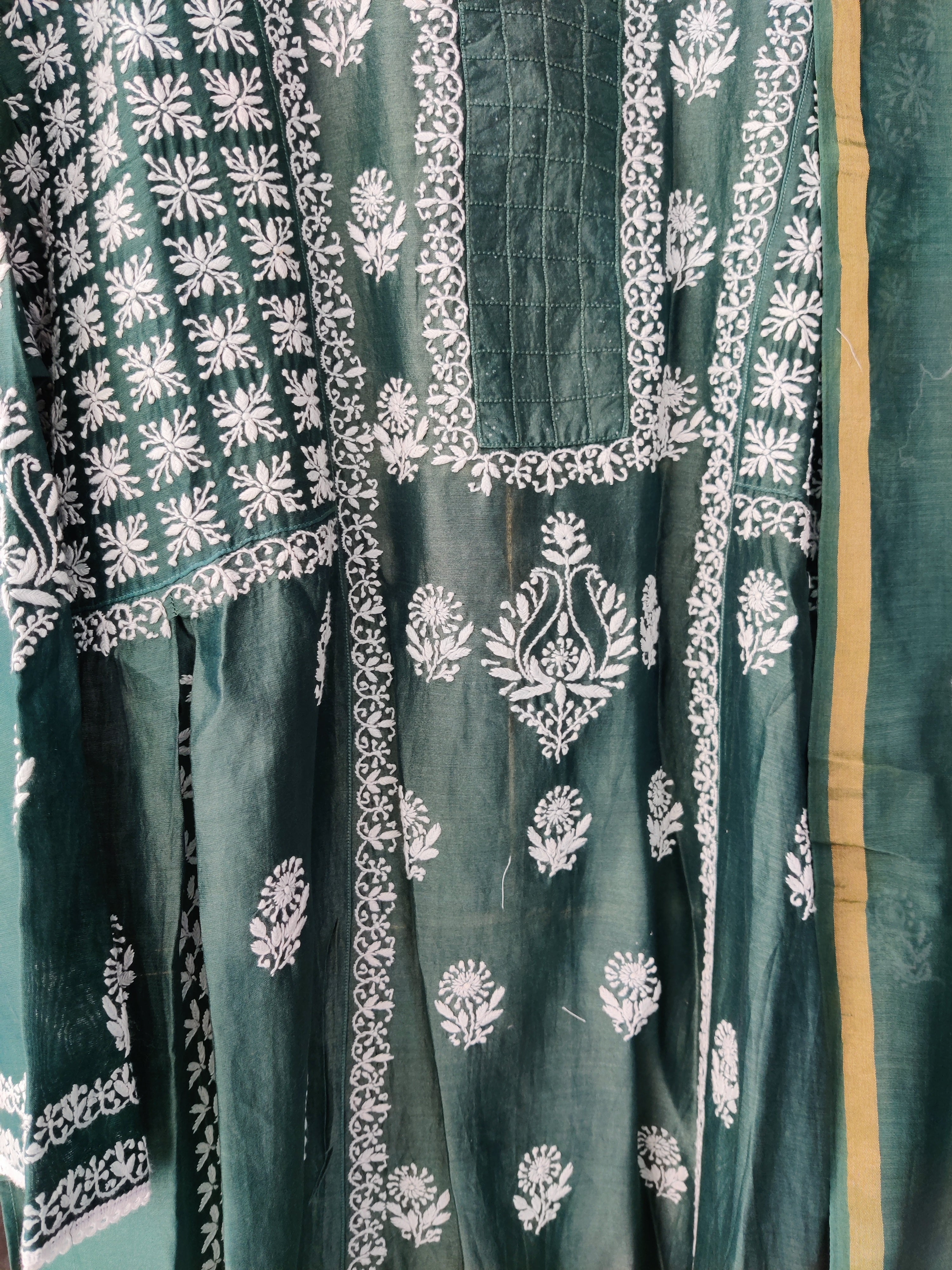 Green Chanderi Suit Set with Chikankari work and Dupatta