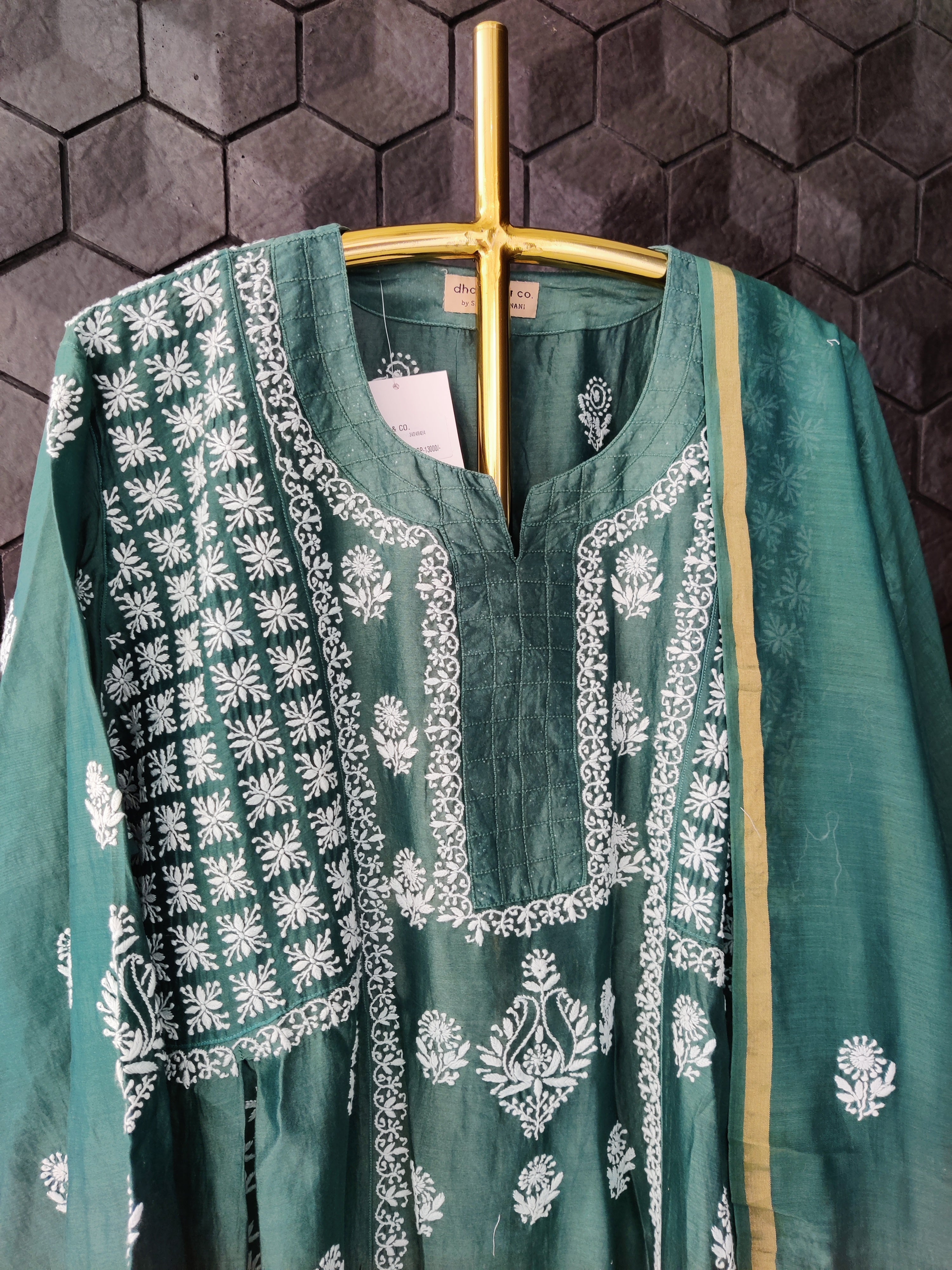 Green Chanderi Suit Set with Chikankari work and Dupatta