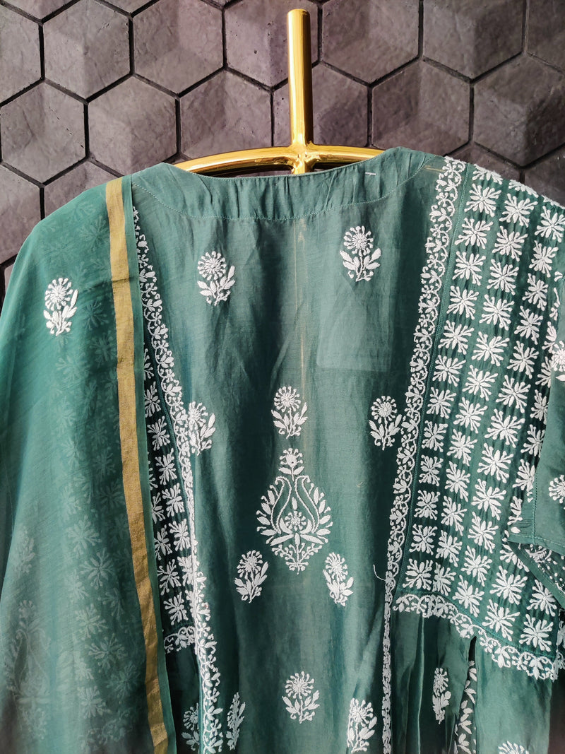 Green Chanderi Suit Set with Chikankari work and Dupatta