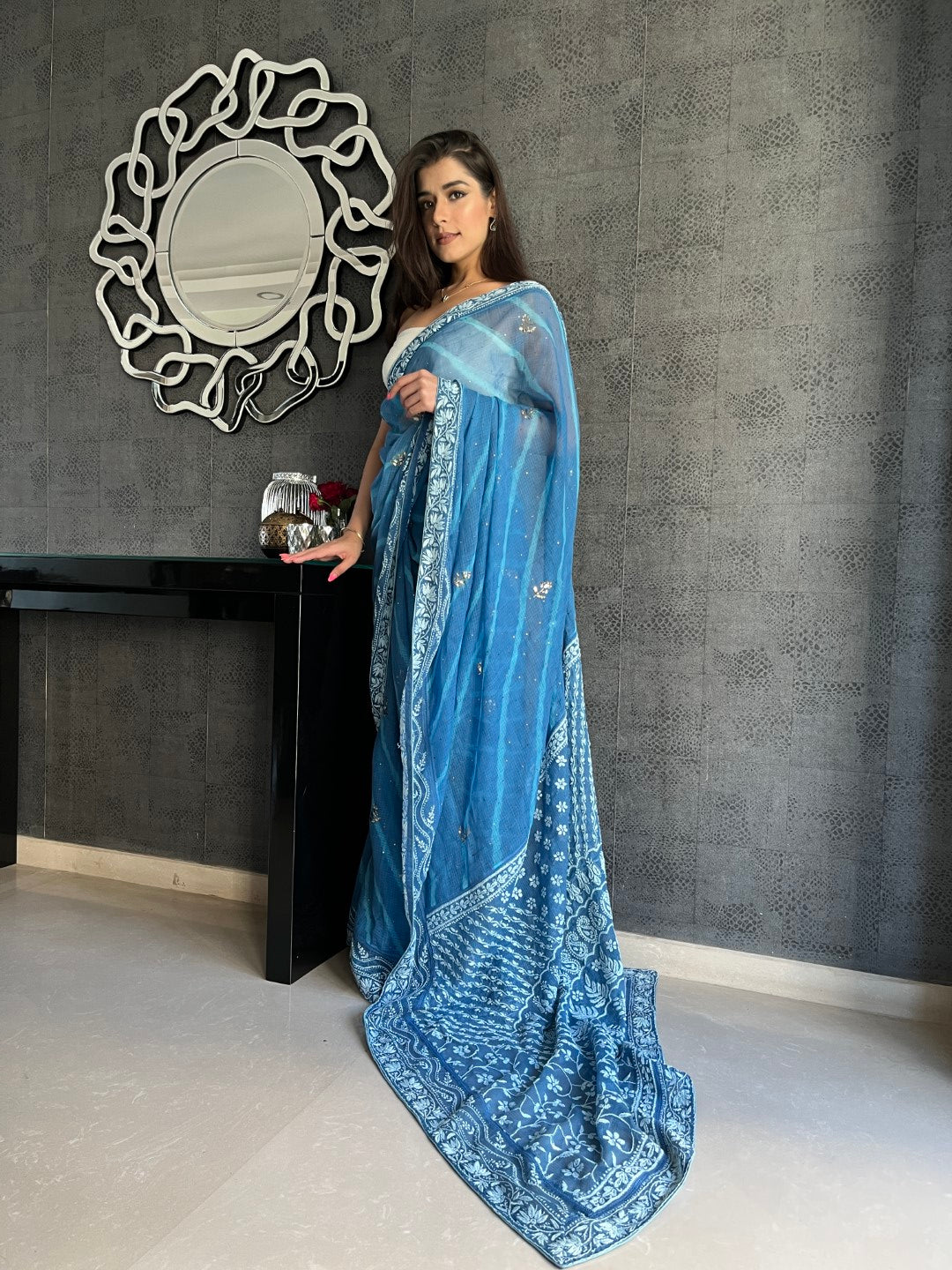 Blue Chikankari Saree with Leheriya