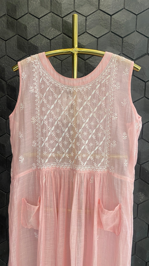 Pink Soft Mul Chanderi Sleeveless Dress