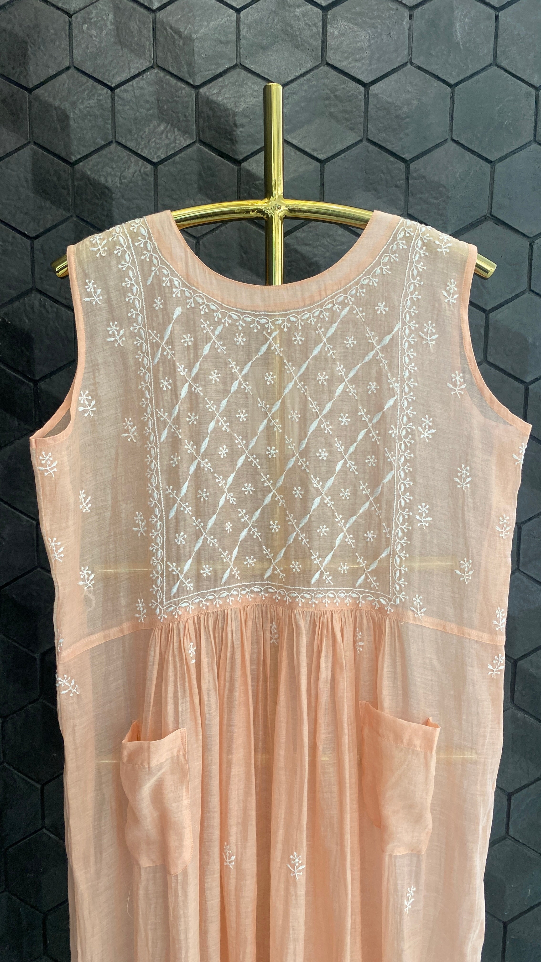 Peach Mul Chanderi Sleeveless Dress