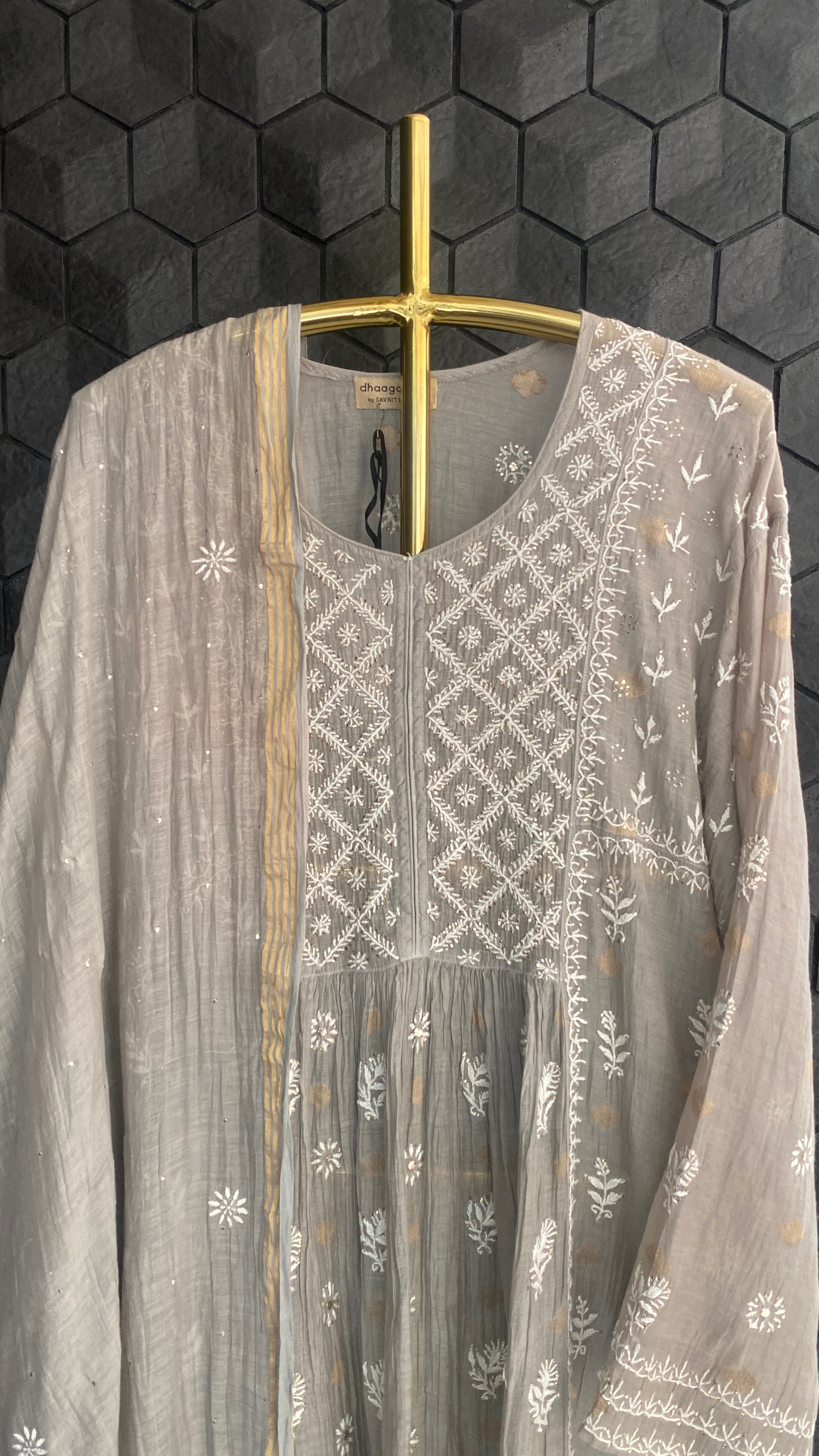 Grey Mul Chanderi Chikankari Suit Set