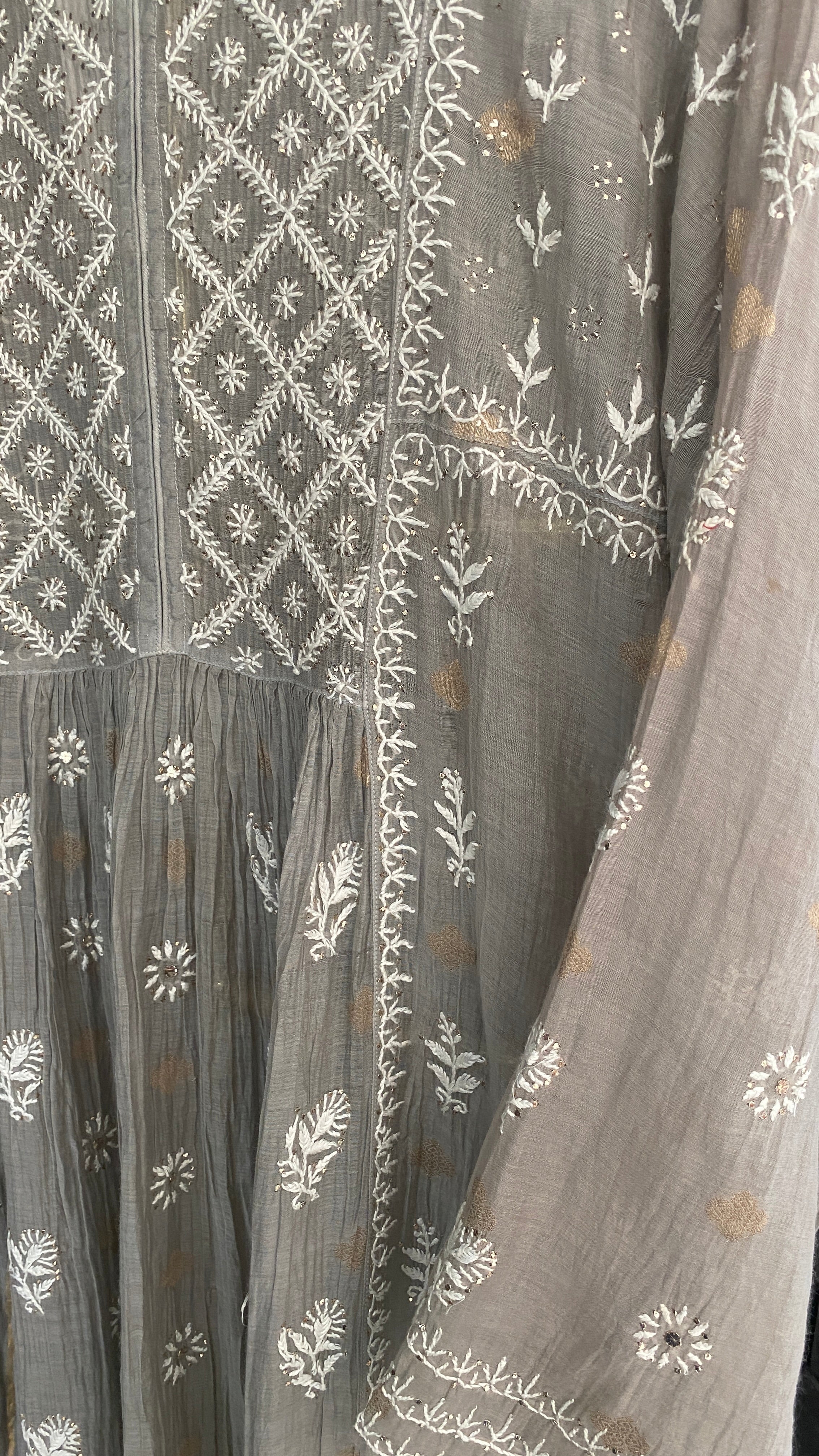 Grey Mul Chanderi Chikankari Suit Set