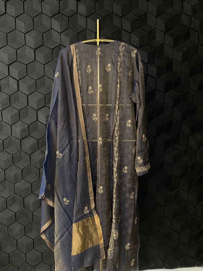 Cobalt blue tissue chikankari suit set with dupatta