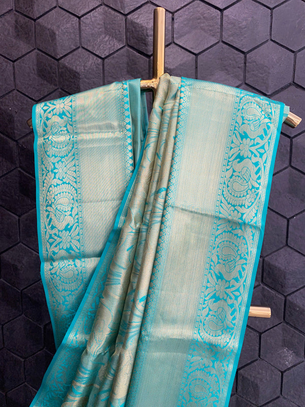 Turquoise Silk Saree With Gold Zari Work