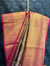 Pink Floral Silk Saree With Thick Gold Zari Border