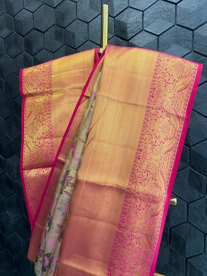 Pink Floral Silk Saree With Thick Gold Zari Border