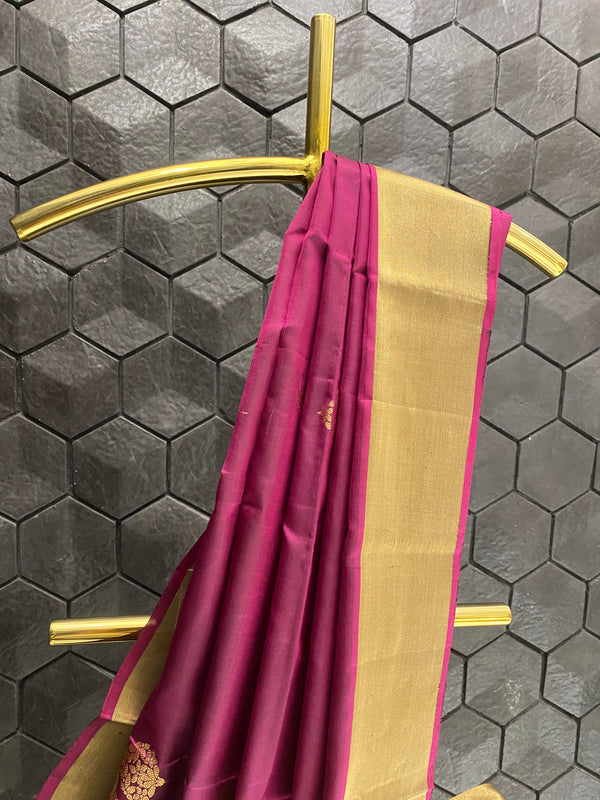 Violet silk saree with golden zari border