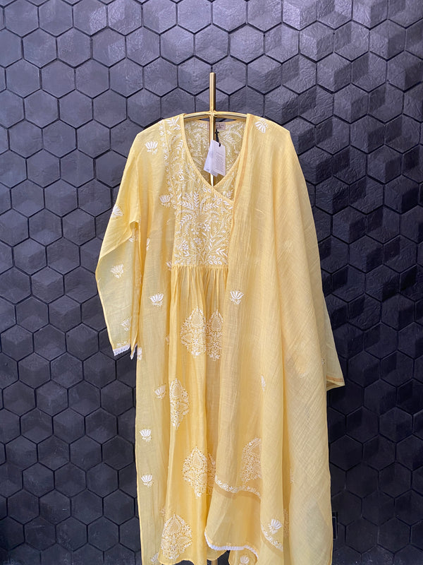 Yellow Chanderi Angarkha Suit Set