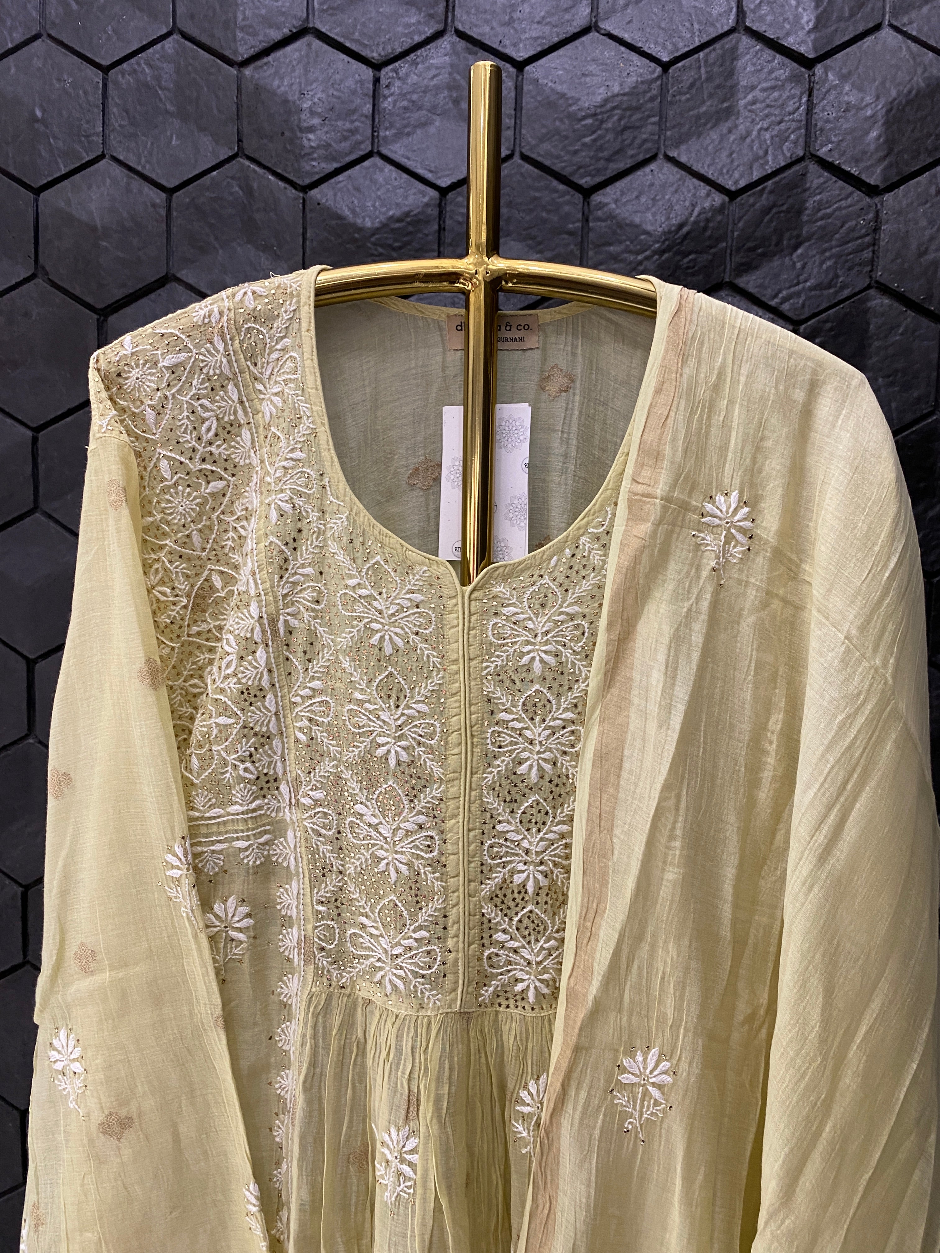 Green soft chanderi chikankari suit set with dupatta