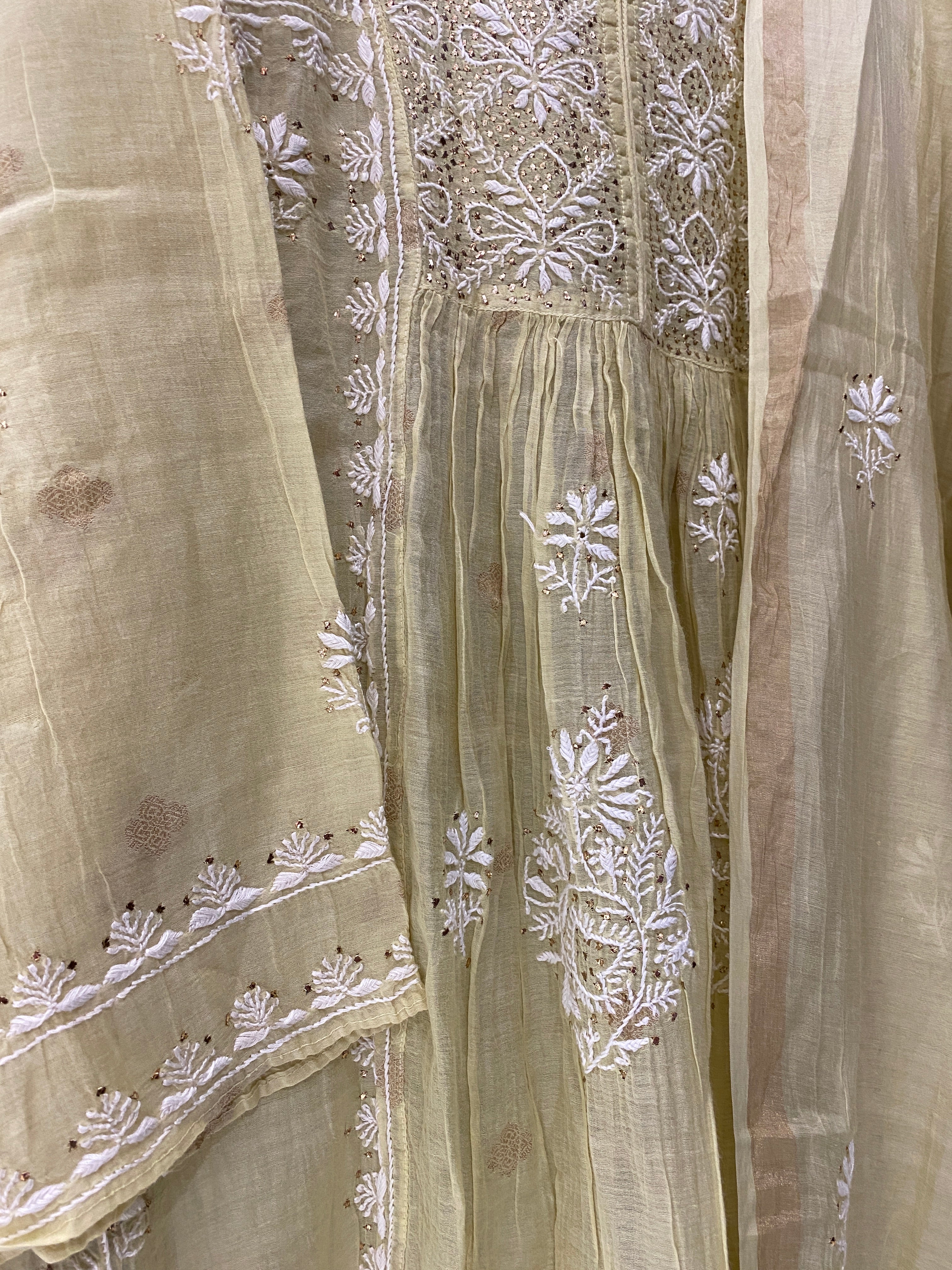 Green soft chanderi chikankari suit set with dupatta