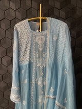 Blue mul chanderi chikankari suit set with dupatta