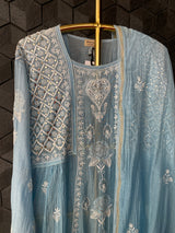 Blue mul chanderi chikankari suit set with dupatta