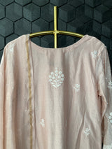 Pink chanderi chikankari suit set with dupatta