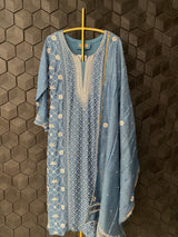 Cobalt Blue Munga Silk Chikankari Suit Set