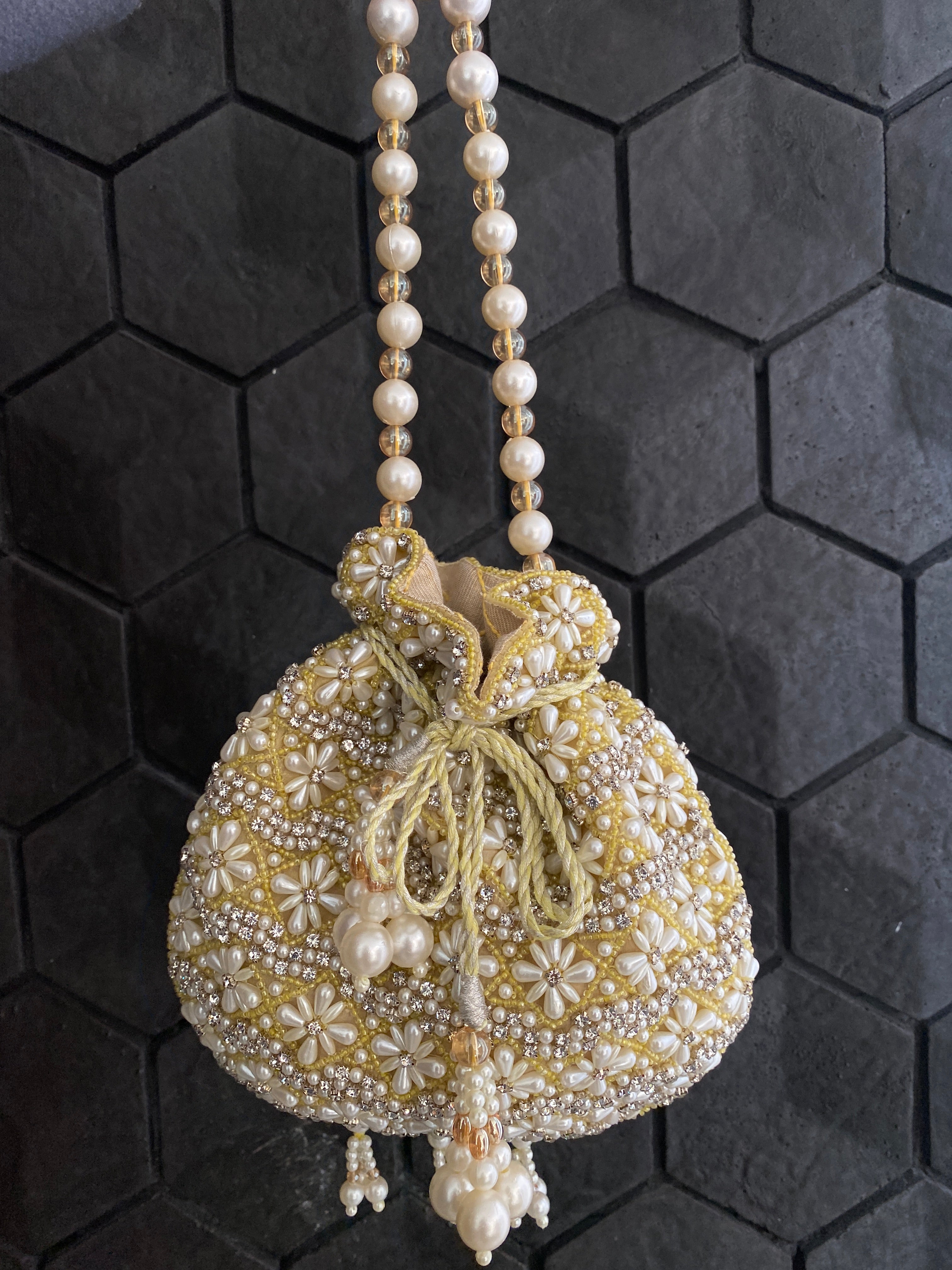 WHITE AND YELLOW PEARL EMBELLISHED POTLI BAG