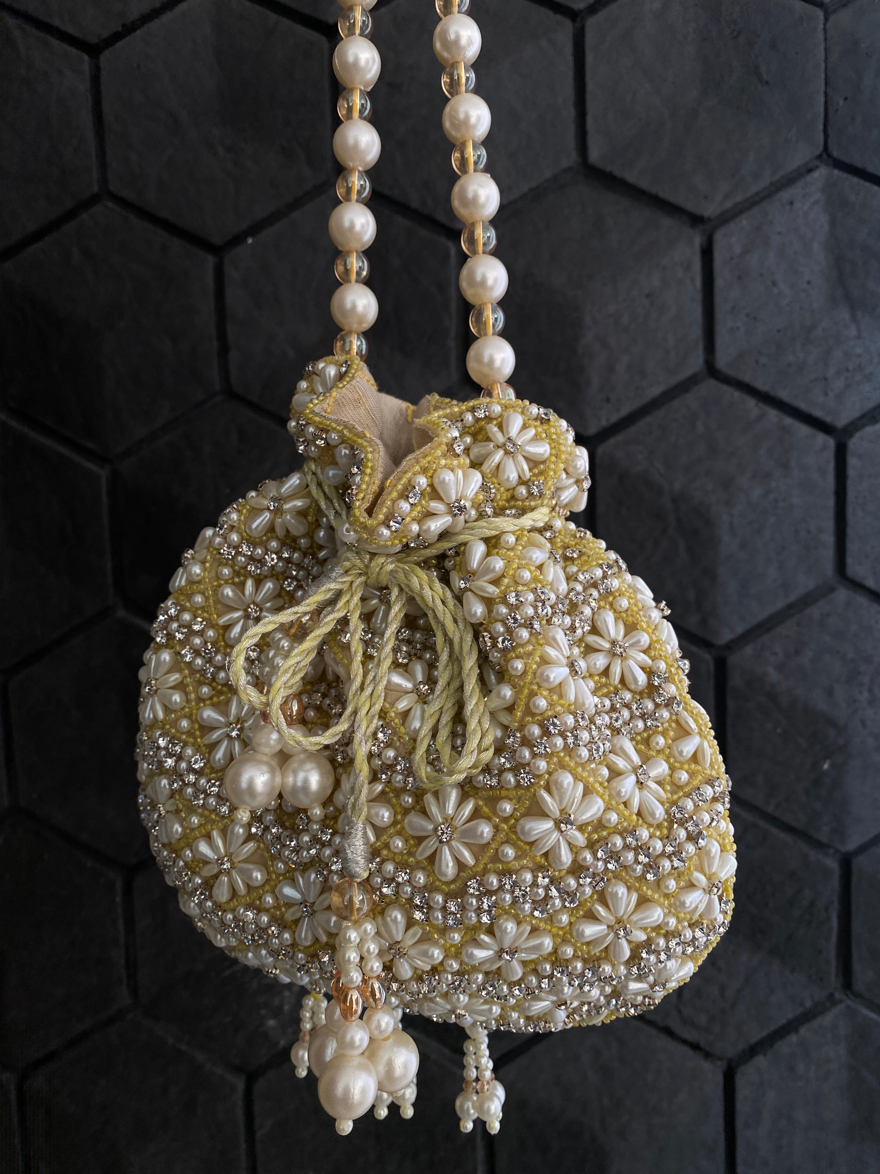 WHITE AND YELLOW PEARL EMBELLISHED POTLI BAG