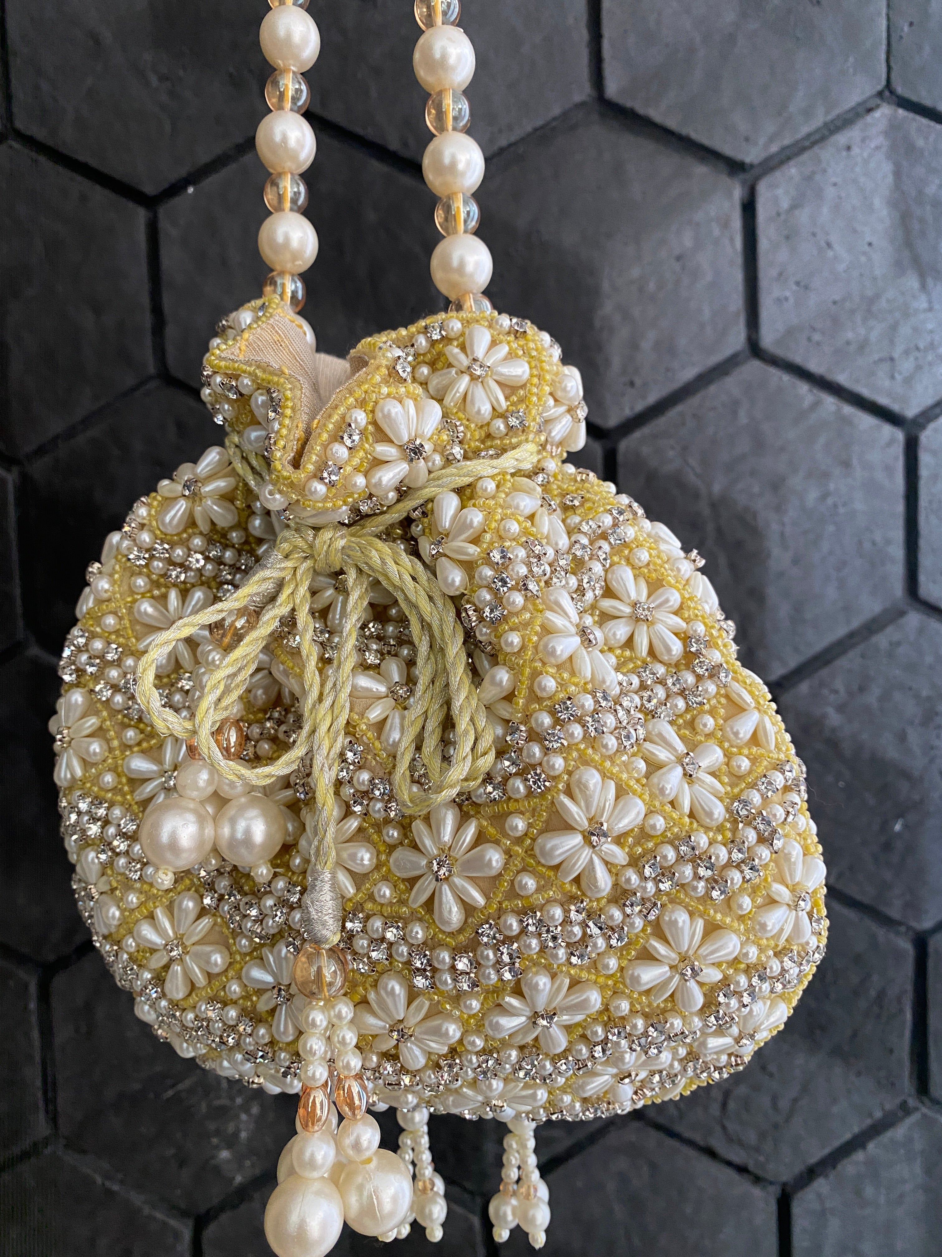 WHITE AND YELLOW PEARL EMBELLISHED POTLI BAG