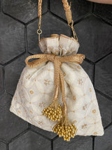 Ivory Silk Potli Bag with Chikankari and Zari Embroidery
