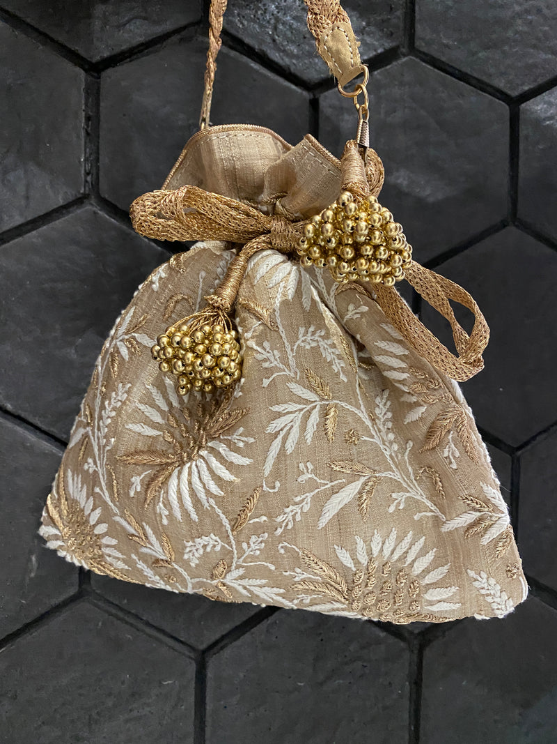 Beige Silk Potli Bag with Chikankari and Zari Embroidery