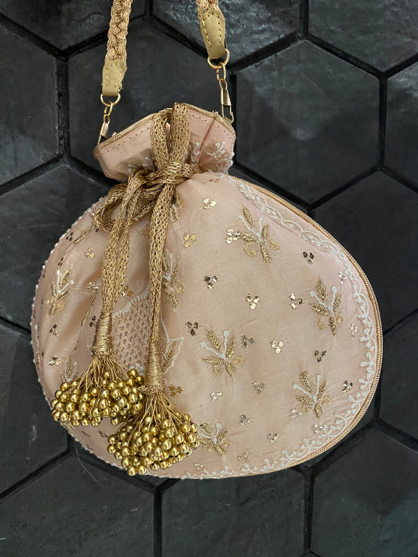 Peach Silk Potli Bags with Chikankari & Zari Embroidery