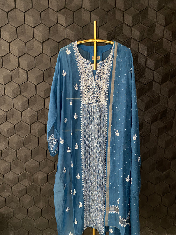 Cobalt Blue chanderi chikankari suit set with dupatta