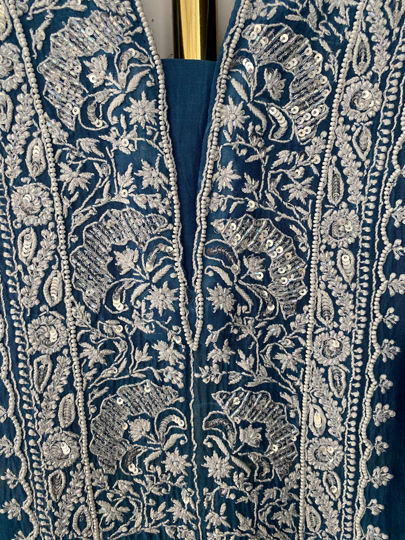 Cobalt Blue chanderi chikankari suit set with dupatta