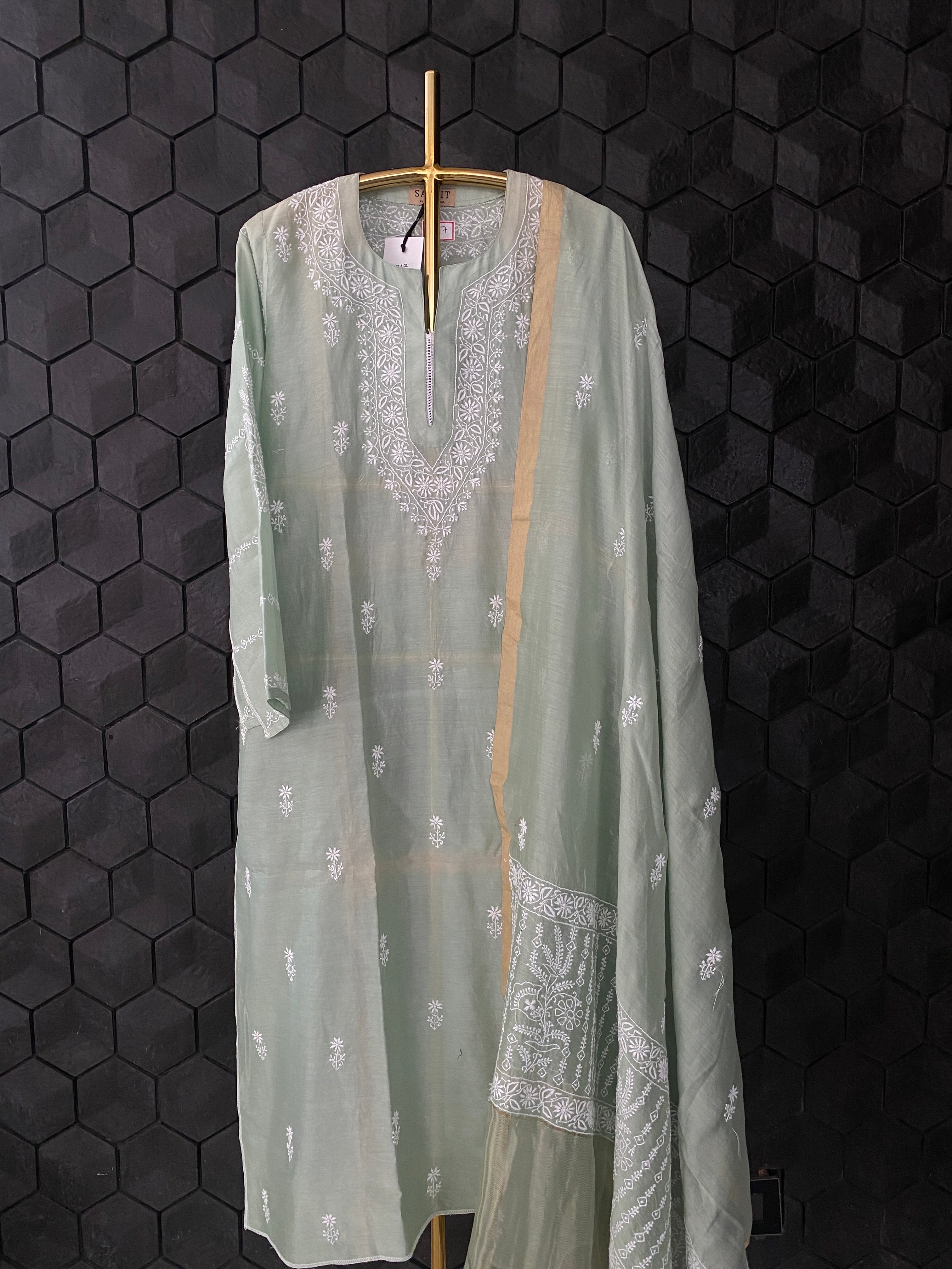 Light Green Chanderi Chikankari Suit Set with Pallazo Pants