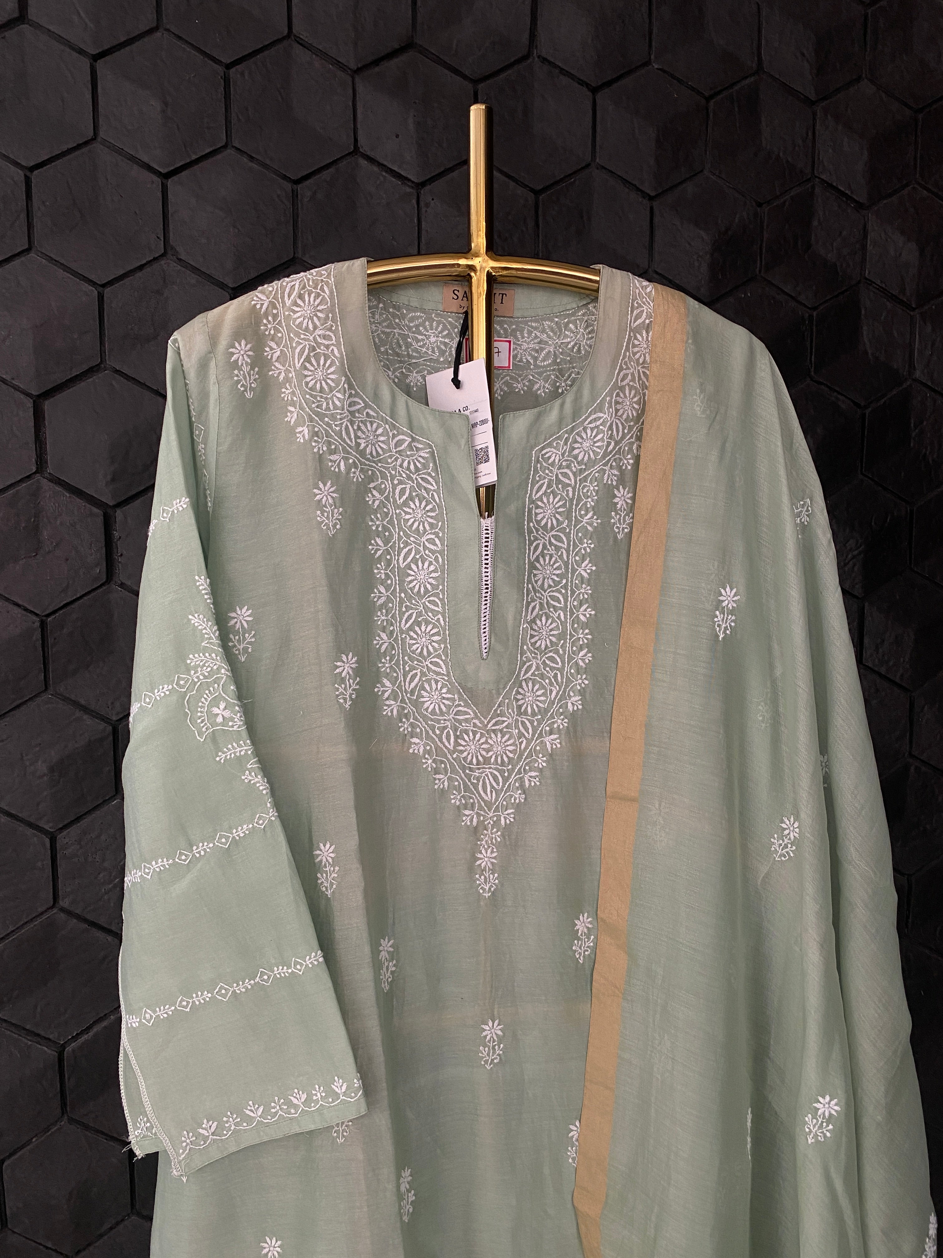 Light Green Chanderi Chikankari Suit Set with Pallazo Pants