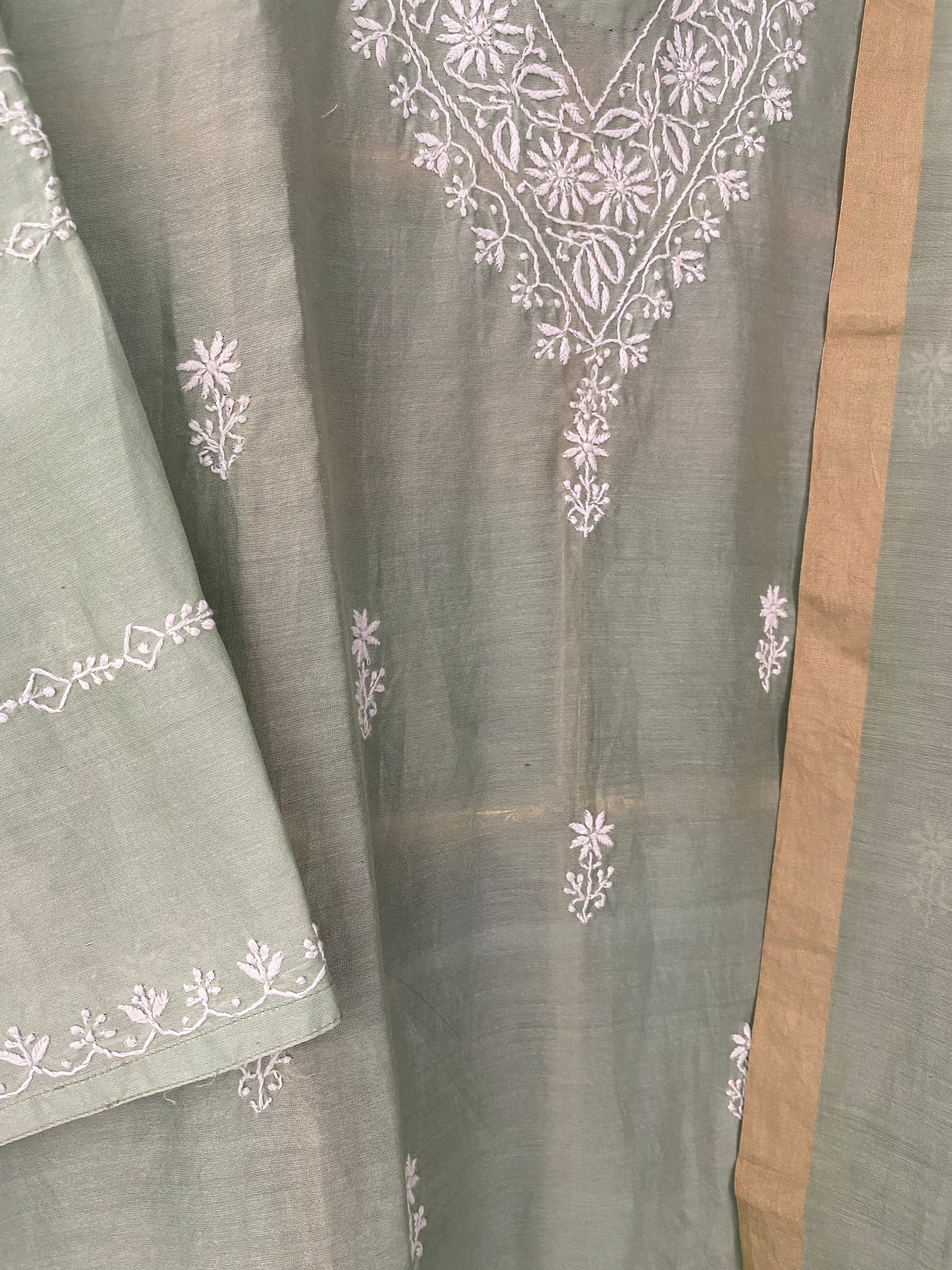 Light Green Chanderi Chikankari Suit Set with Pallazo Pants