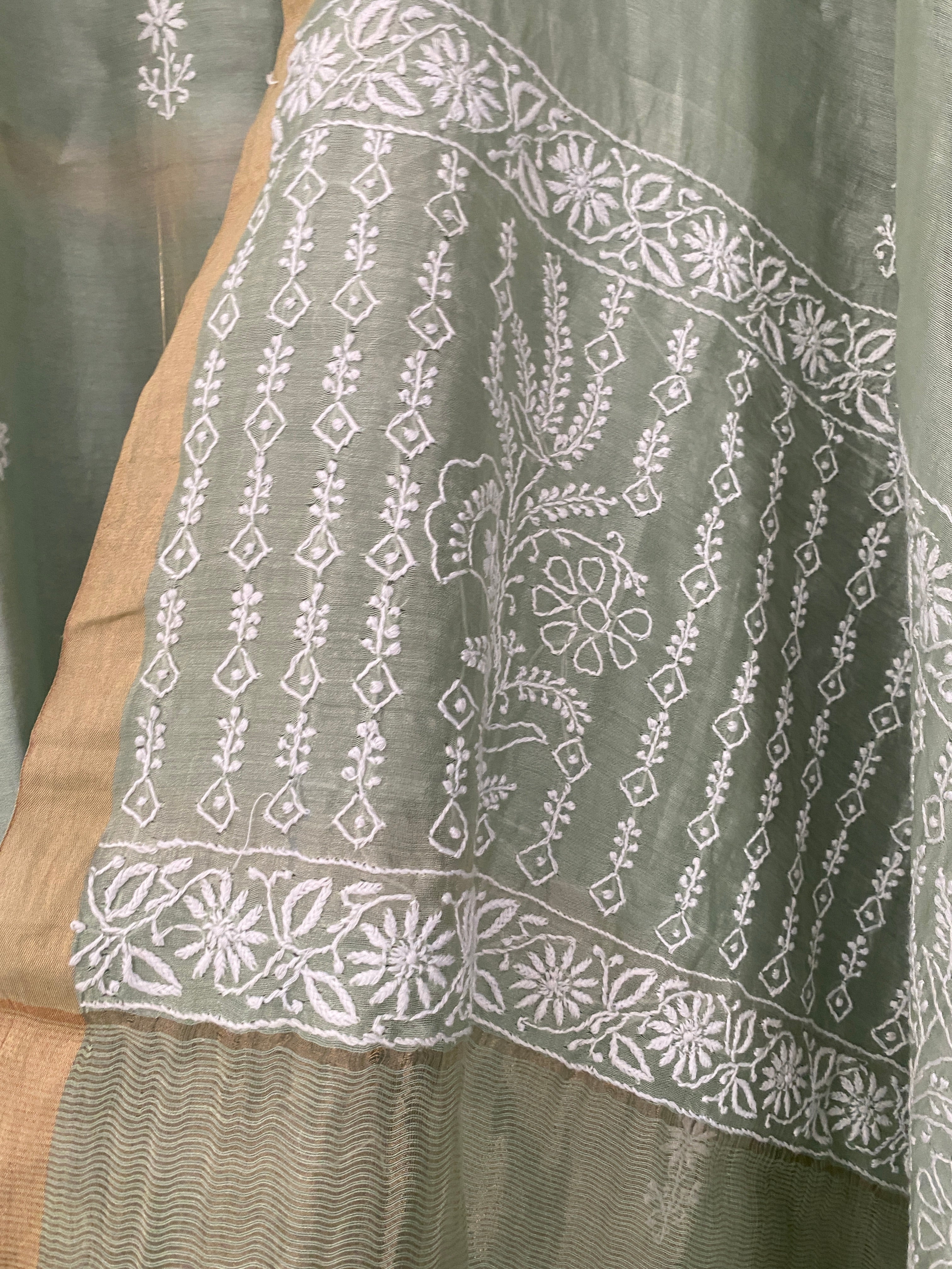 Light Green Chanderi Chikankari Suit Set with Pallazo Pants