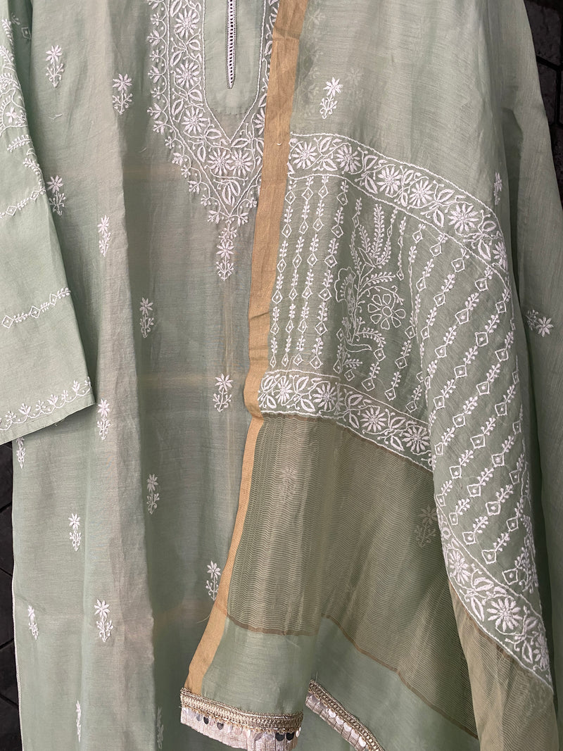 Light Green Chanderi Chikankari Suit Set with Pallazo Pants