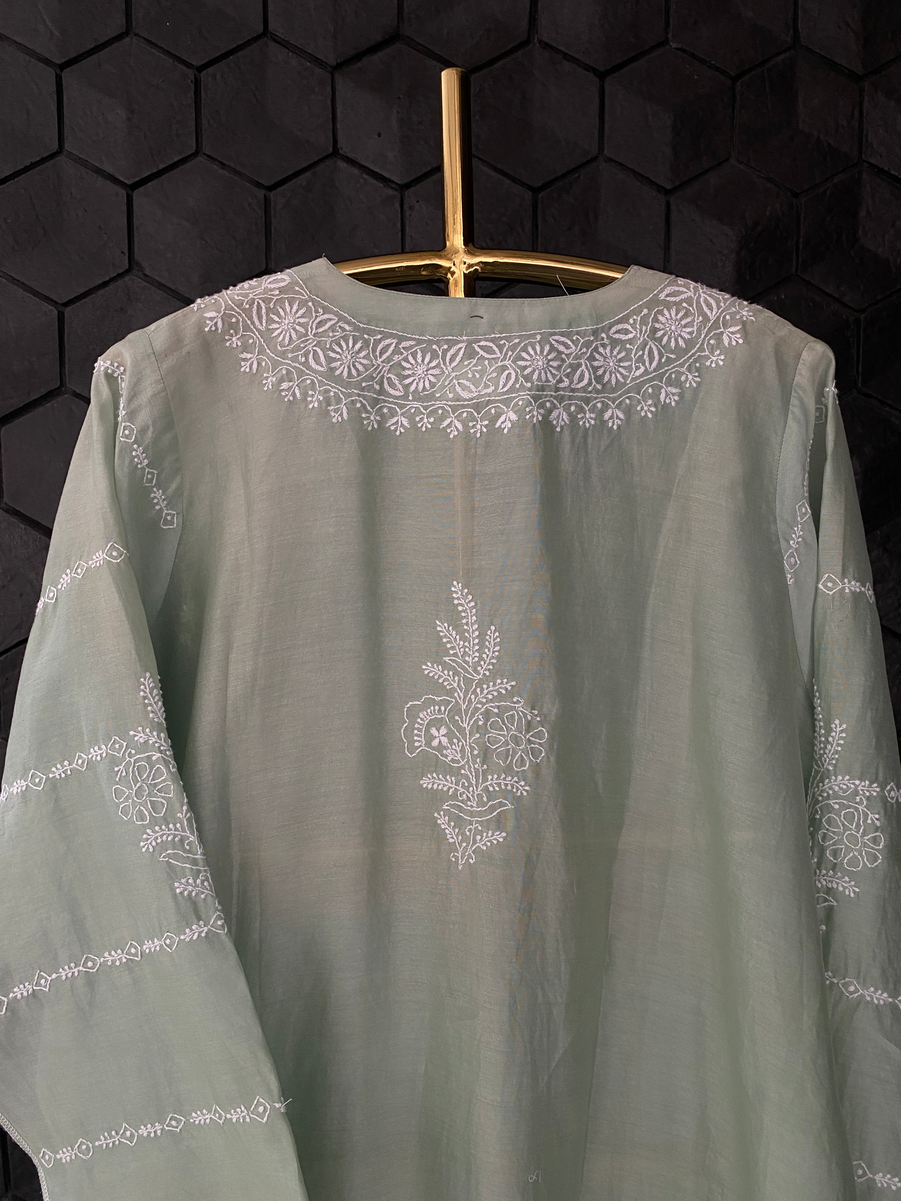 Light Green Chanderi Chikankari Suit Set with Pallazo Pants