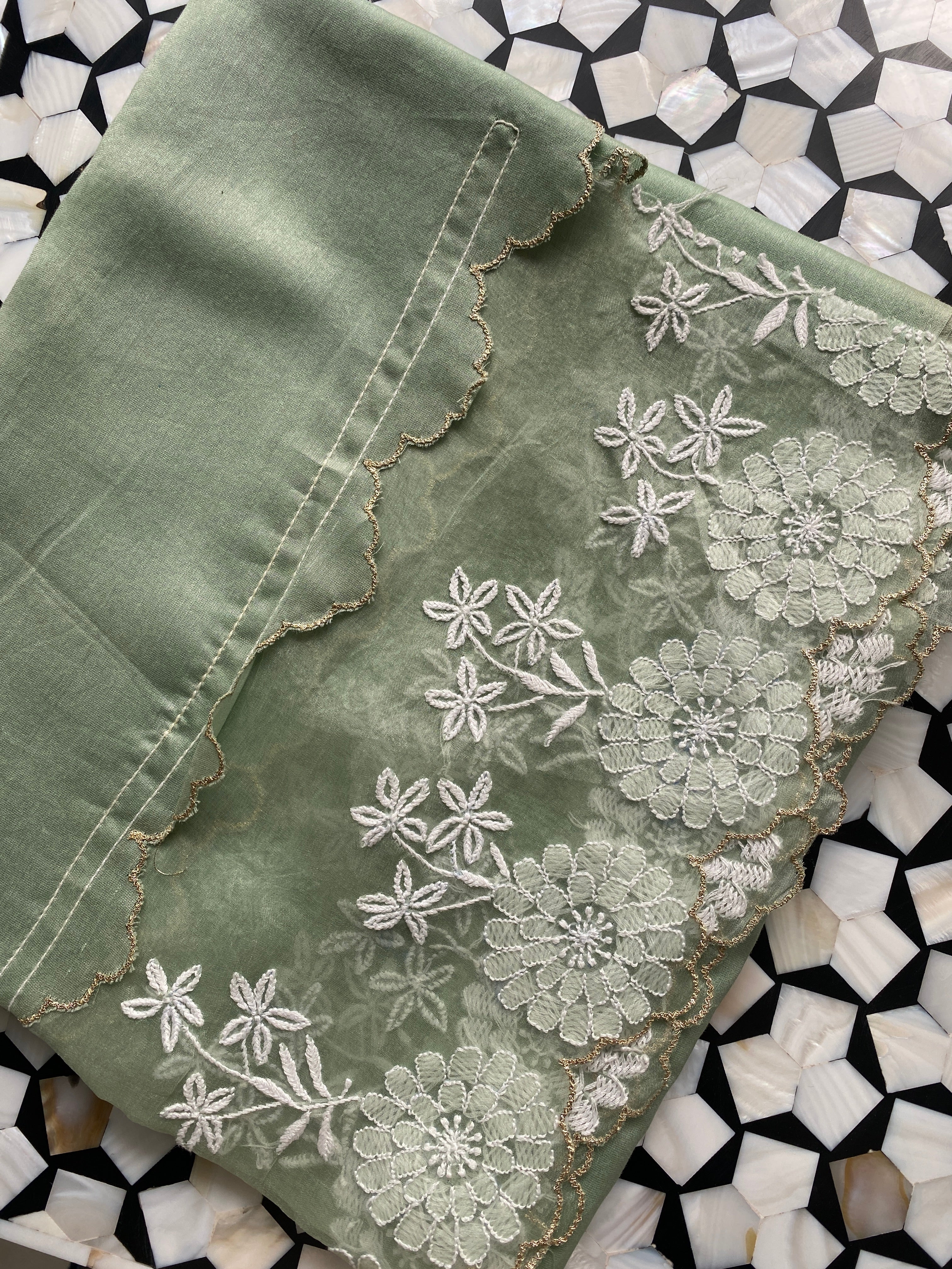 Light Green Chanderi Chikankari Suit Set with Pallazo Pants