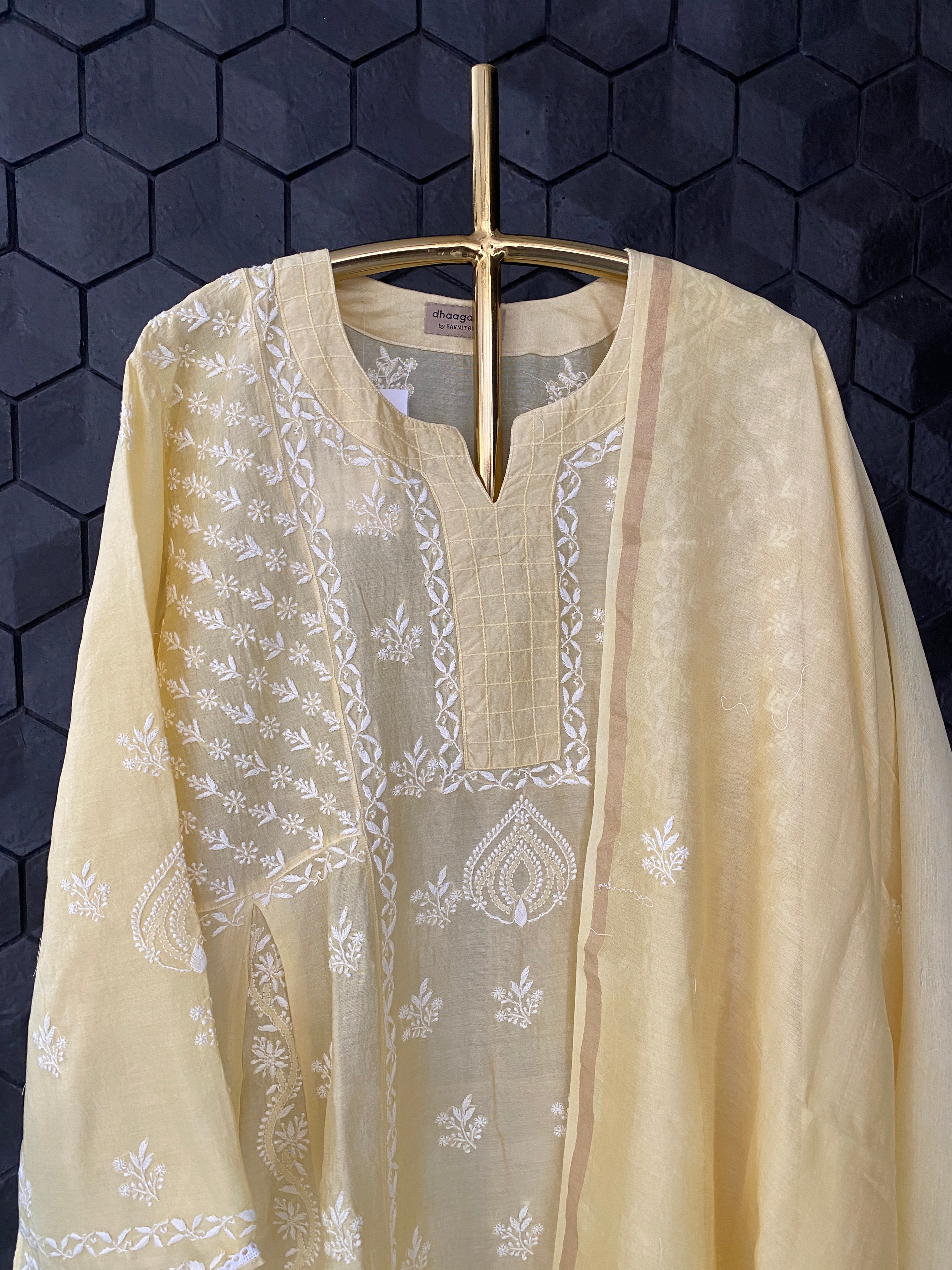 Yellow Chanderi Suit Set with Chikankari work and Dupatta