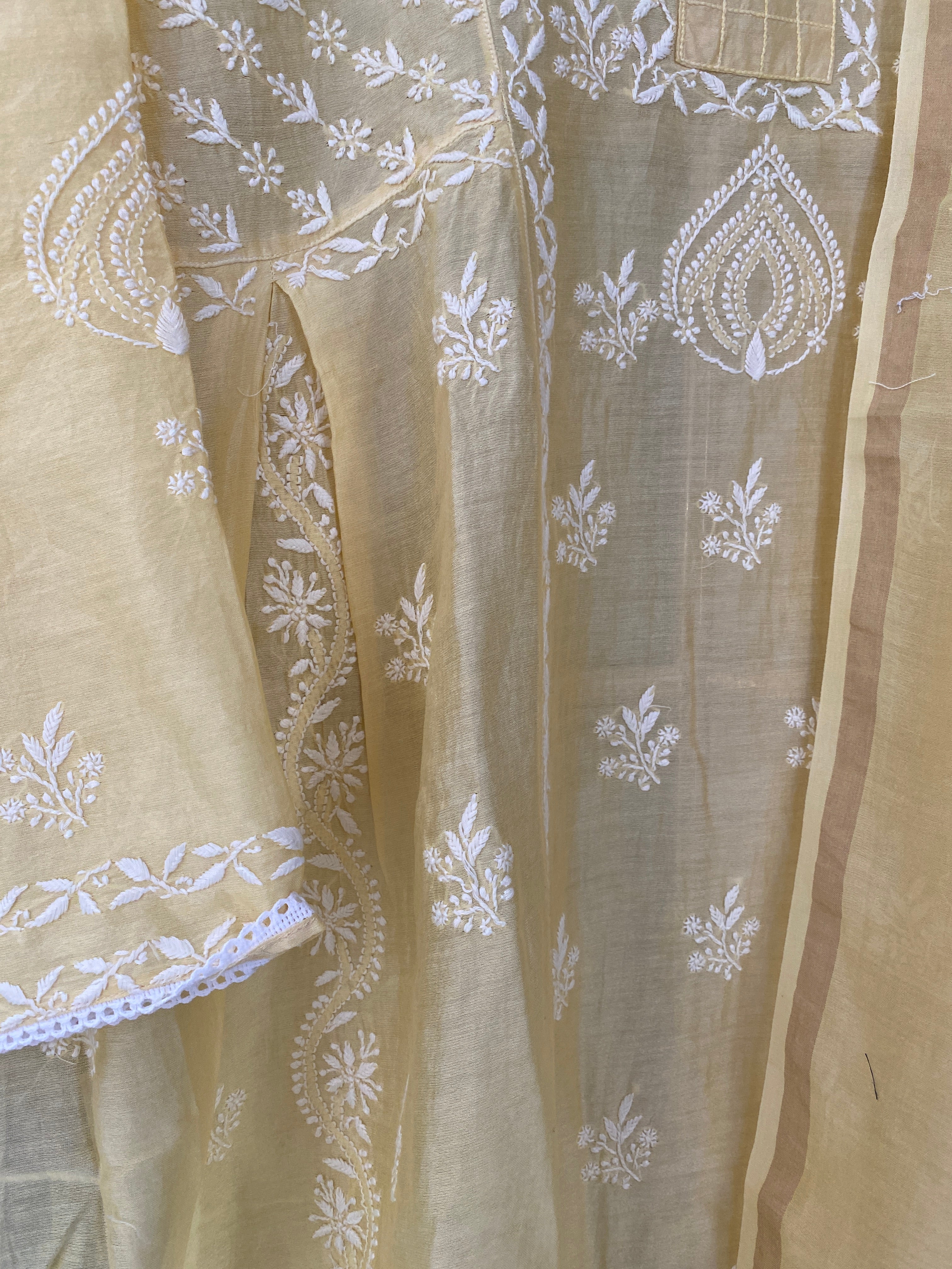 Yellow Chanderi Suit Set with Chikankari work and Dupatta