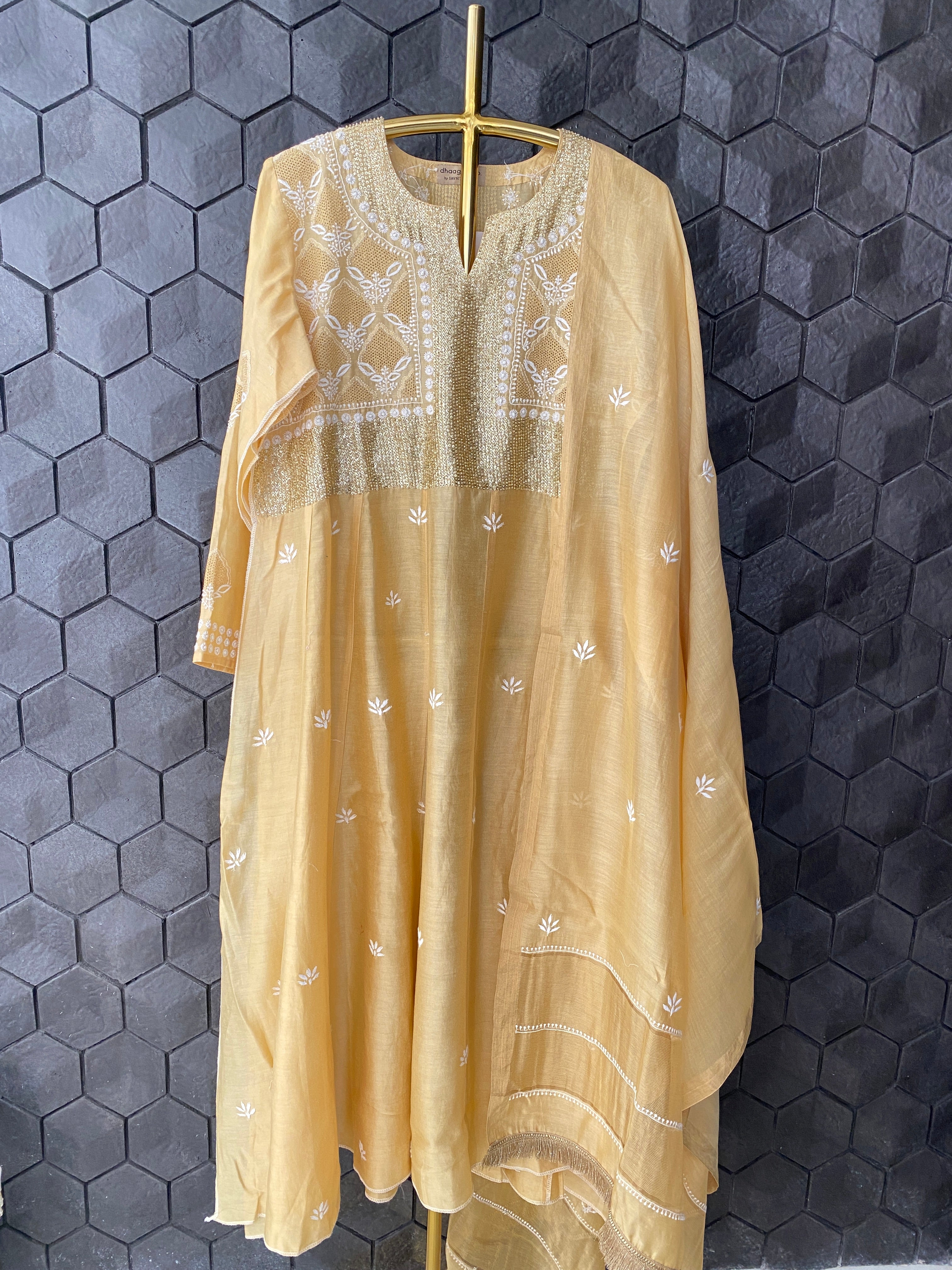 Gold chanderi chikankari anarkali with dupatta