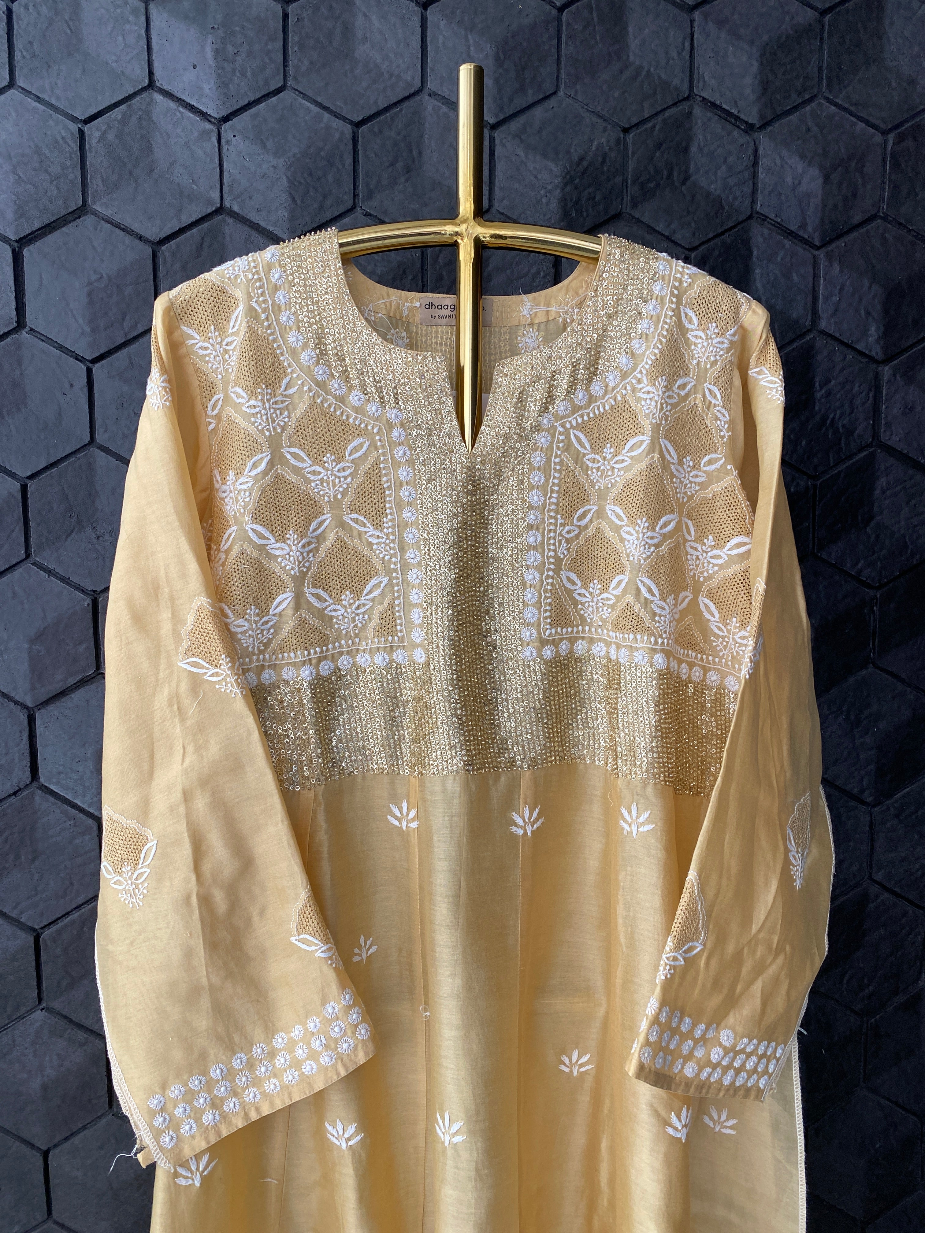 Gold chanderi chikankari anarkali with dupatta