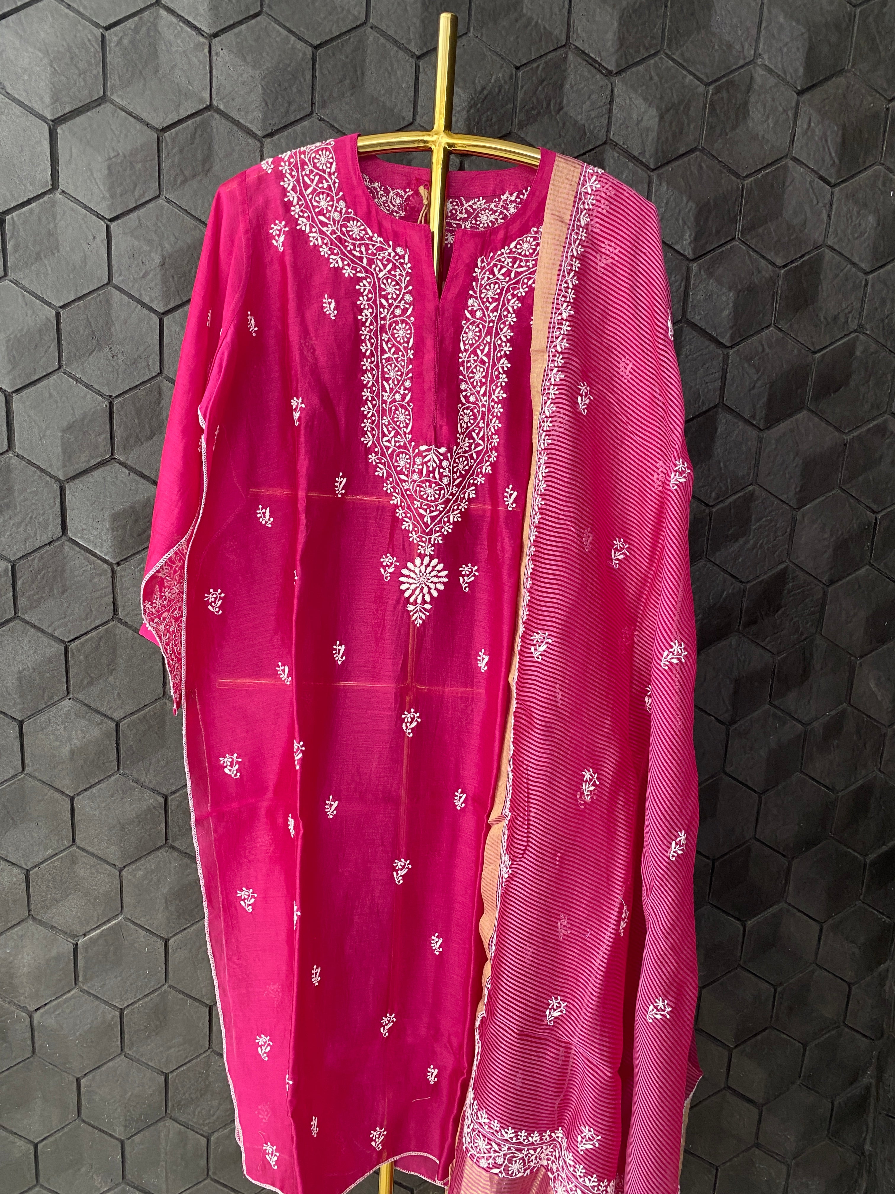 Fuschia chikankari kurta set with palasso