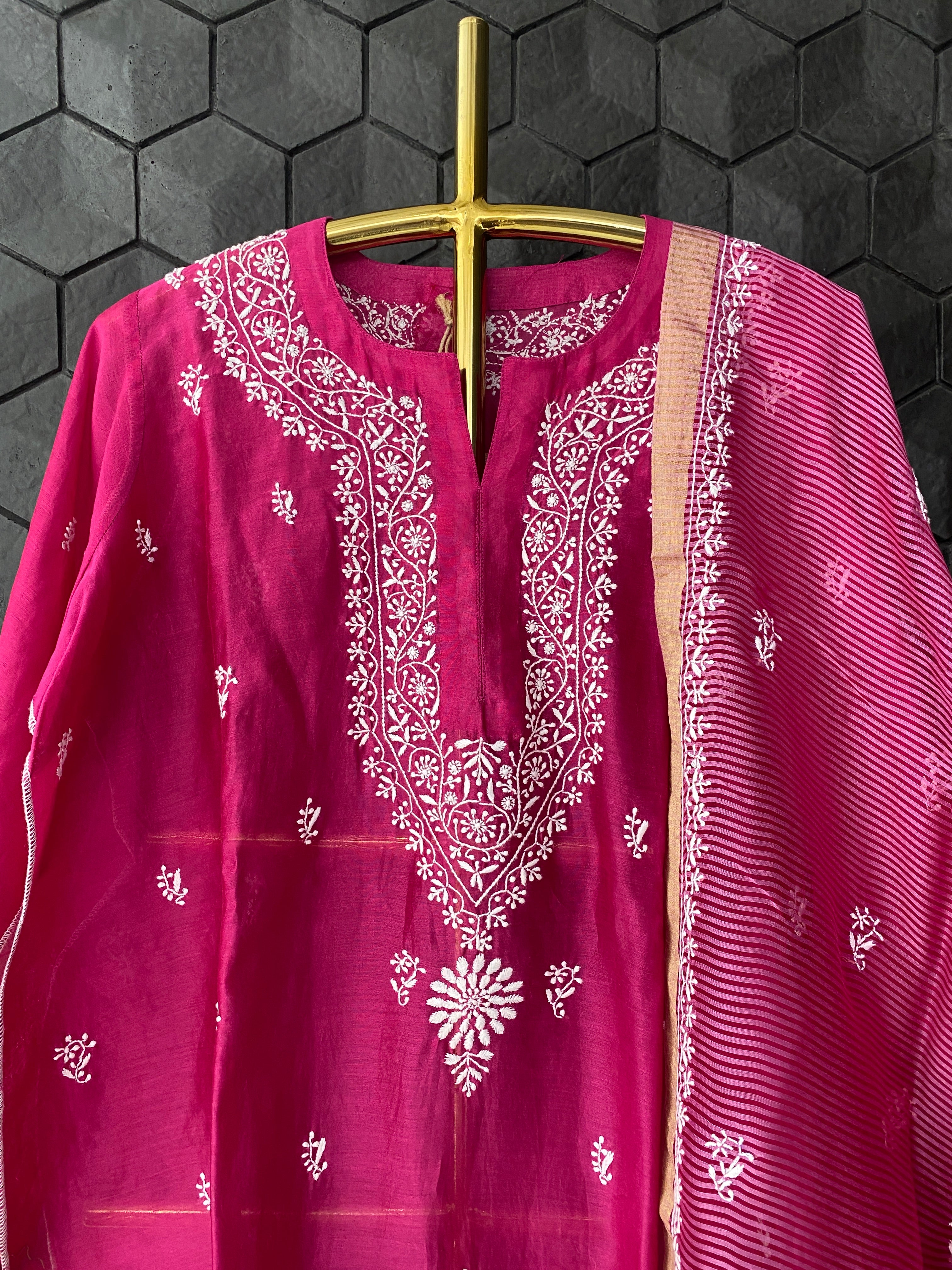 Fuschia chikankari kurta set with palasso