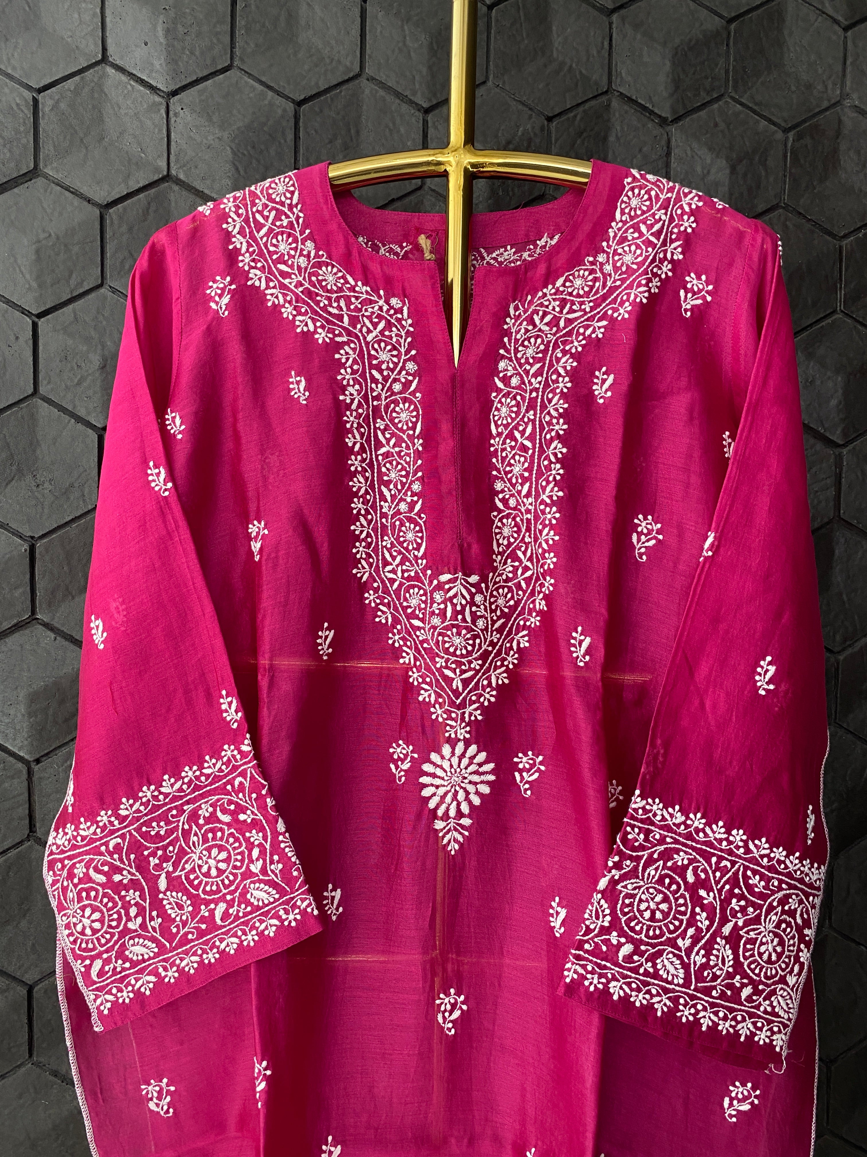 Fuschia chikankari kurta set with palasso