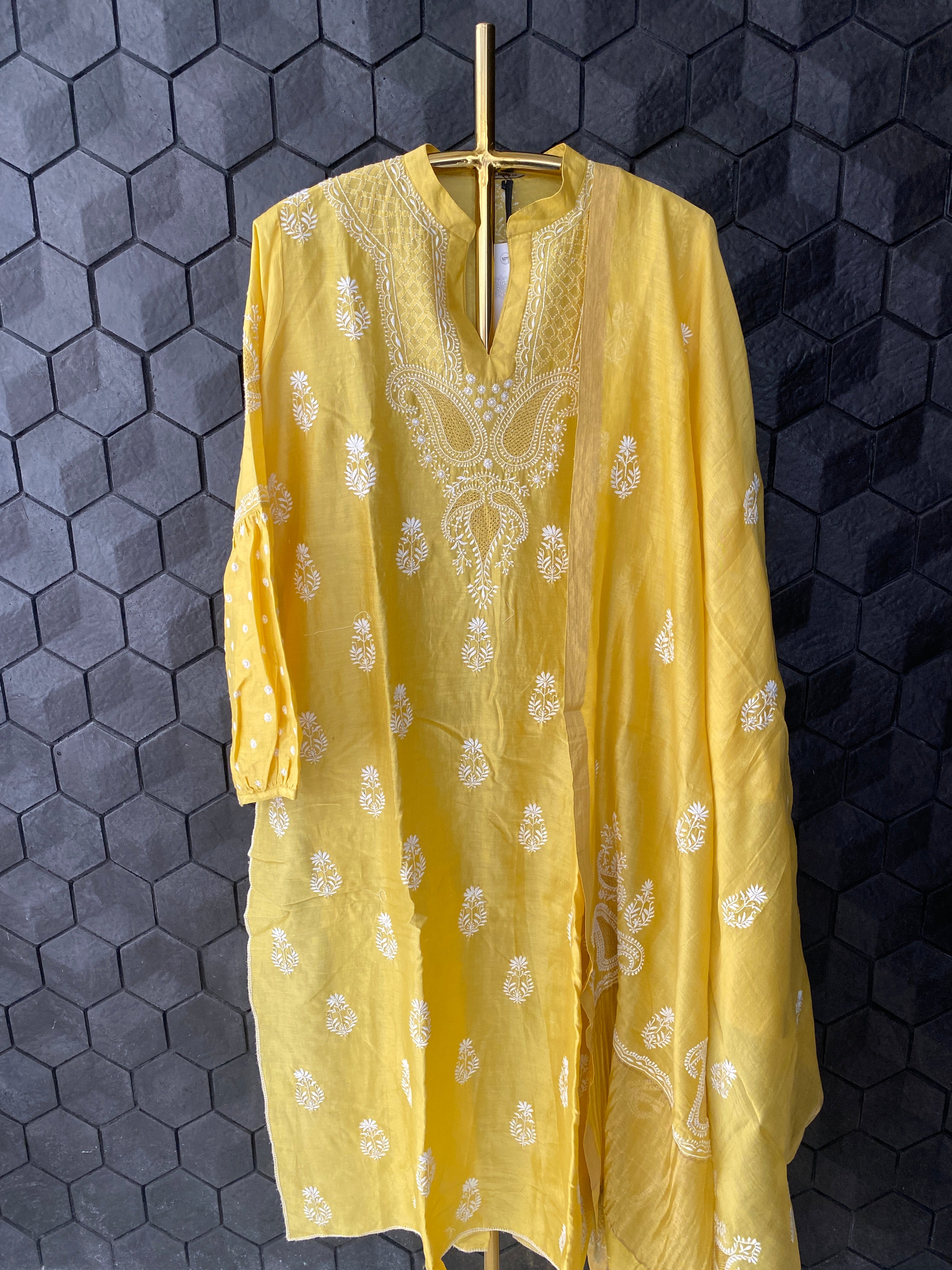 Yellow Chanderi Chikankari Suit Set with Dupatta